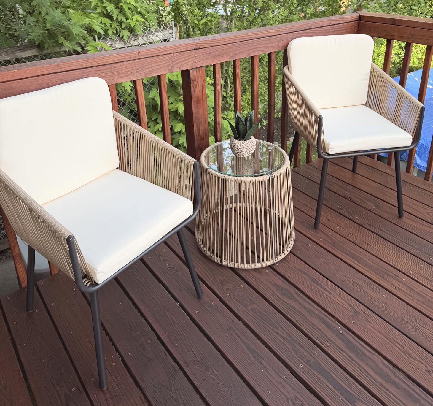 Yaheetech 3 Piece Patio Rattan Bistro Set, Outdoor All Weather PE Wicker Conversation Furniture Set with 2 Chairs & Tempered Glass Top Table & Cushions, for Poolside/Porch/Garden/Yard, Tan/Cream customer photo 2
