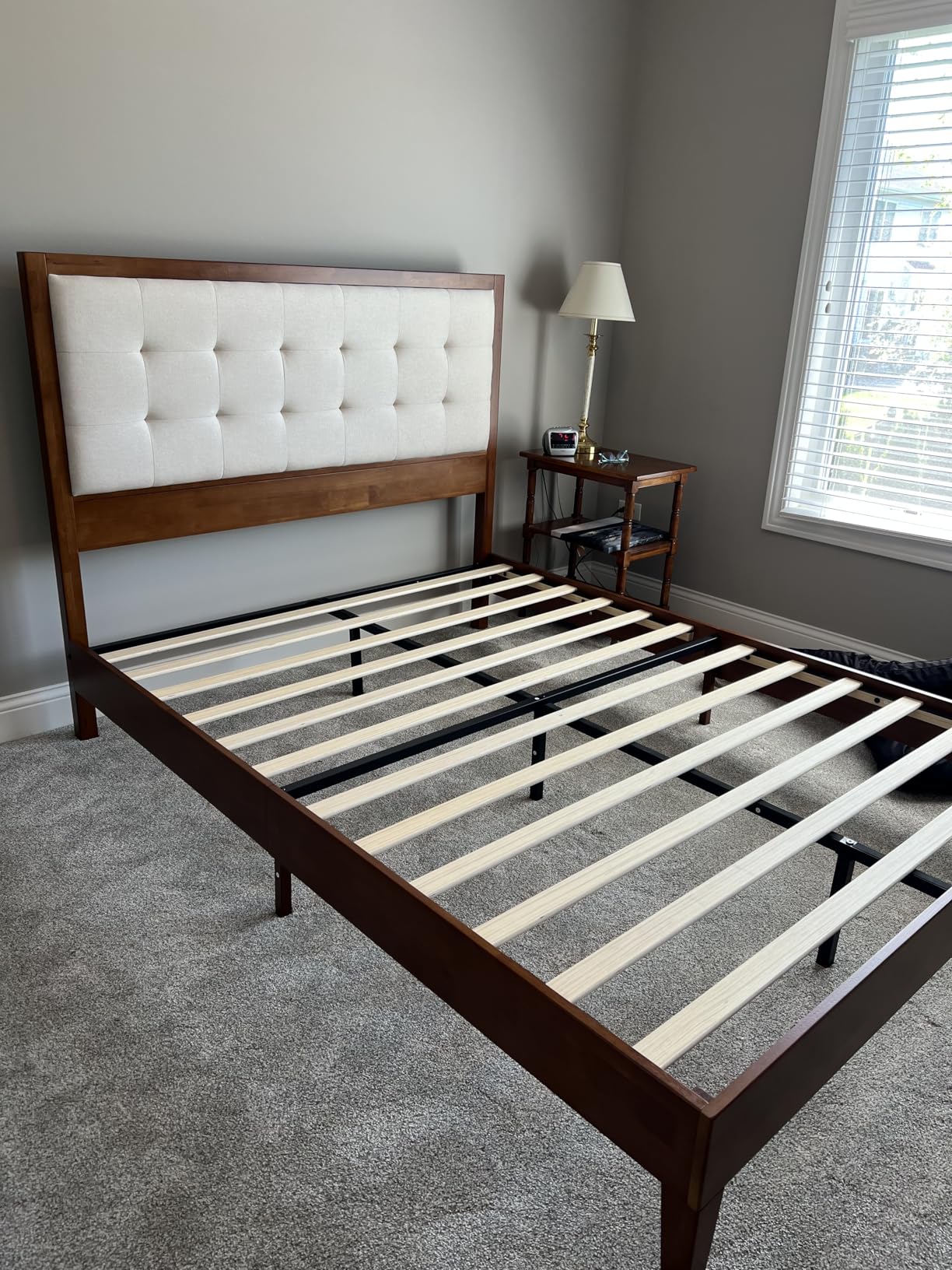 AMERLIFE King Size Bed Frame and Headboard, Solid Wooden Bed Frame King Size Platform Bed Frame Mid-Century Style, No Box Spring Required, Walnut customer photo 2