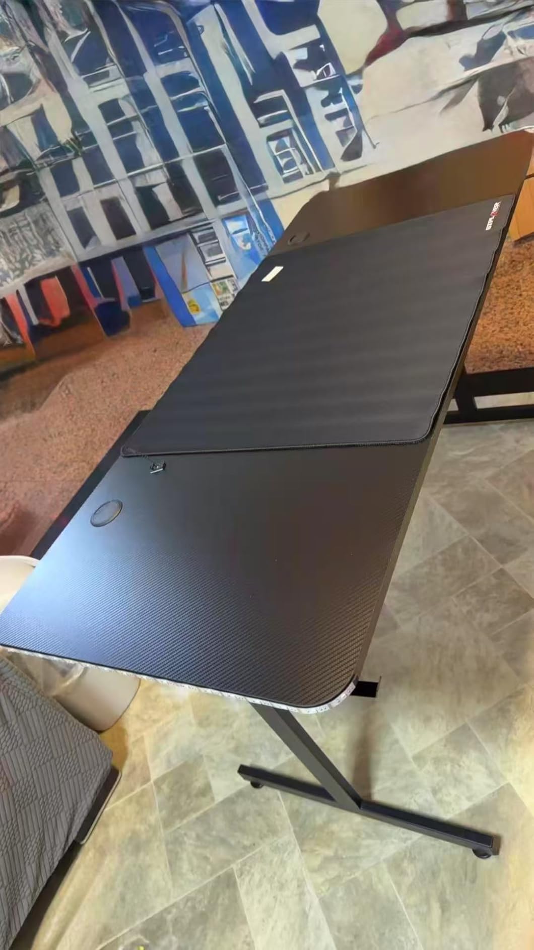 GTPLAYER 55 Inch Gaming Desk with LED Lights, Large Computer Desk with Mouse Pad for Home Office, T-Shaped Carbon Fibre Surface PC Game Workstations with Headphone Hook customer photo 1