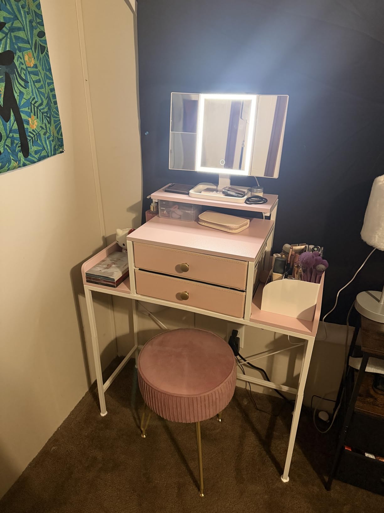 HIGDBFE Vanity Desk with Mirror and Lights, 28.4''W Small Makeup Vanity Table with Height-Adjustable Stand, 2 Fabric Drawers Compact Makeup Desk, Gift for Girls, Bedroom Small Space, White customer photo 1