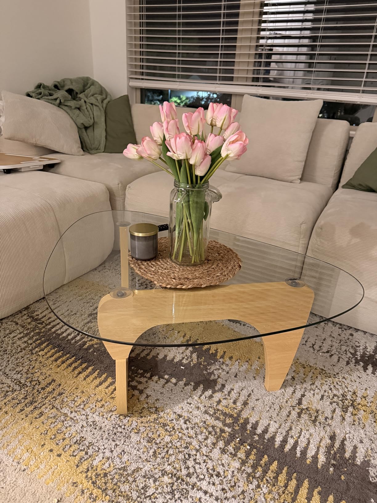 Modern Glass Coffee Table, Mid Century Small Coffee Table, Coffee Table for Living Room, Suitable for Bedroom Living Room Reception Office Tables (Walnut/Brown, Small) customer photo 1
