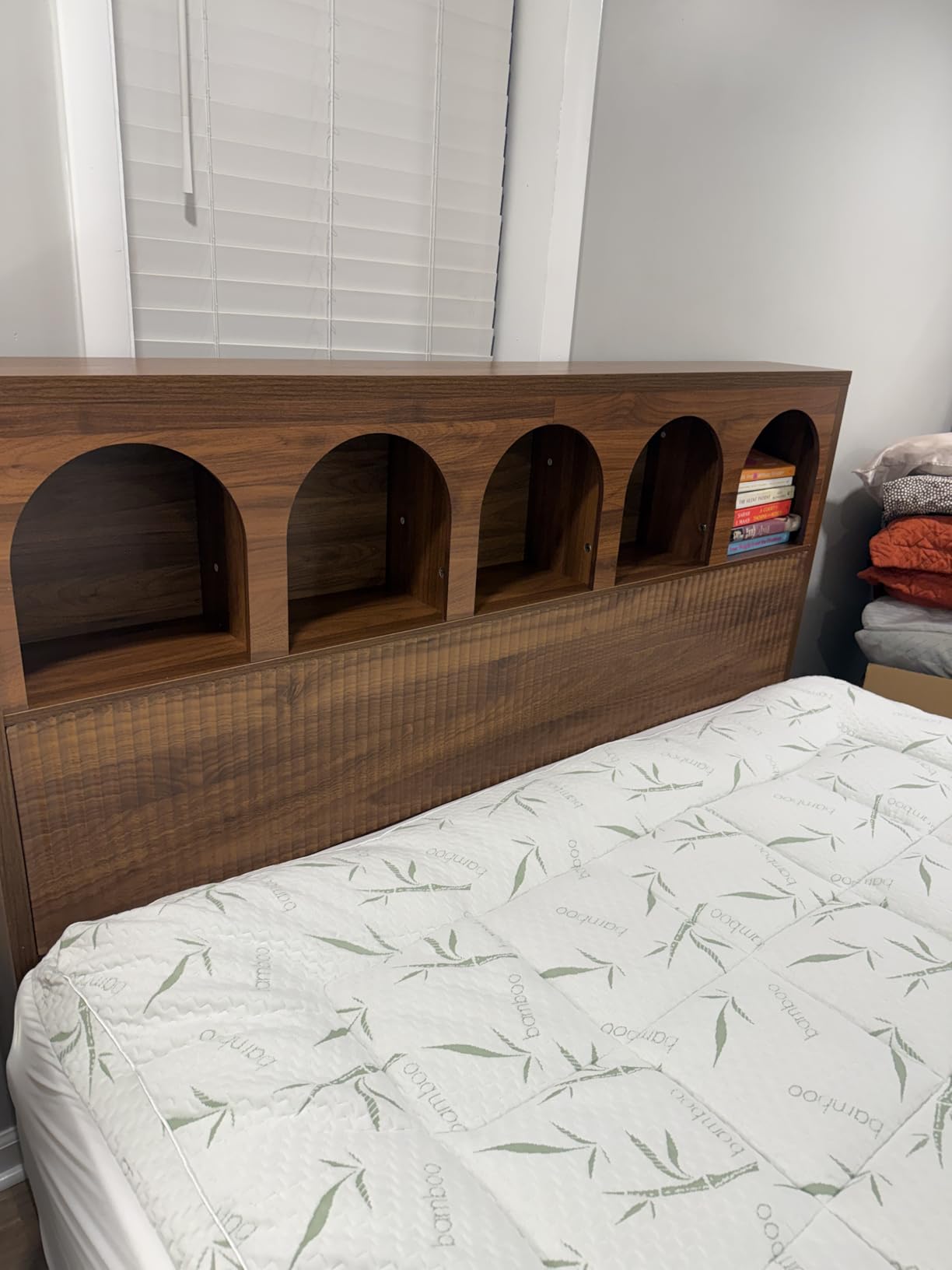 Lxsxlome Queen Bed Frame with Storage Headboard 5 Arched Storage Compartments, 12.4 Inch Farmhouse Wooden Queen Bed Frame, No Box Spring Needed, No Noise (Walnut) customer photo 2