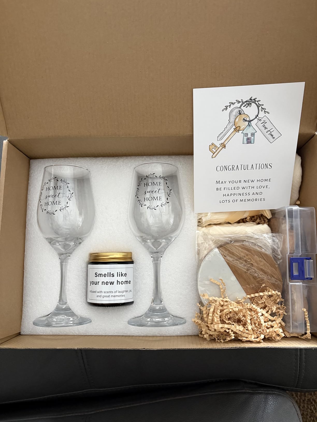 House Warming Gifts New Home - Marble & Acacia Wood Cheese Board, 4 Cheese Knives, Candle, 2 Wine Glasses, 2 Coasters, Greeting Card - Home Sweet Home Gift for Couples, Friends, New Homeowners customer photo 1