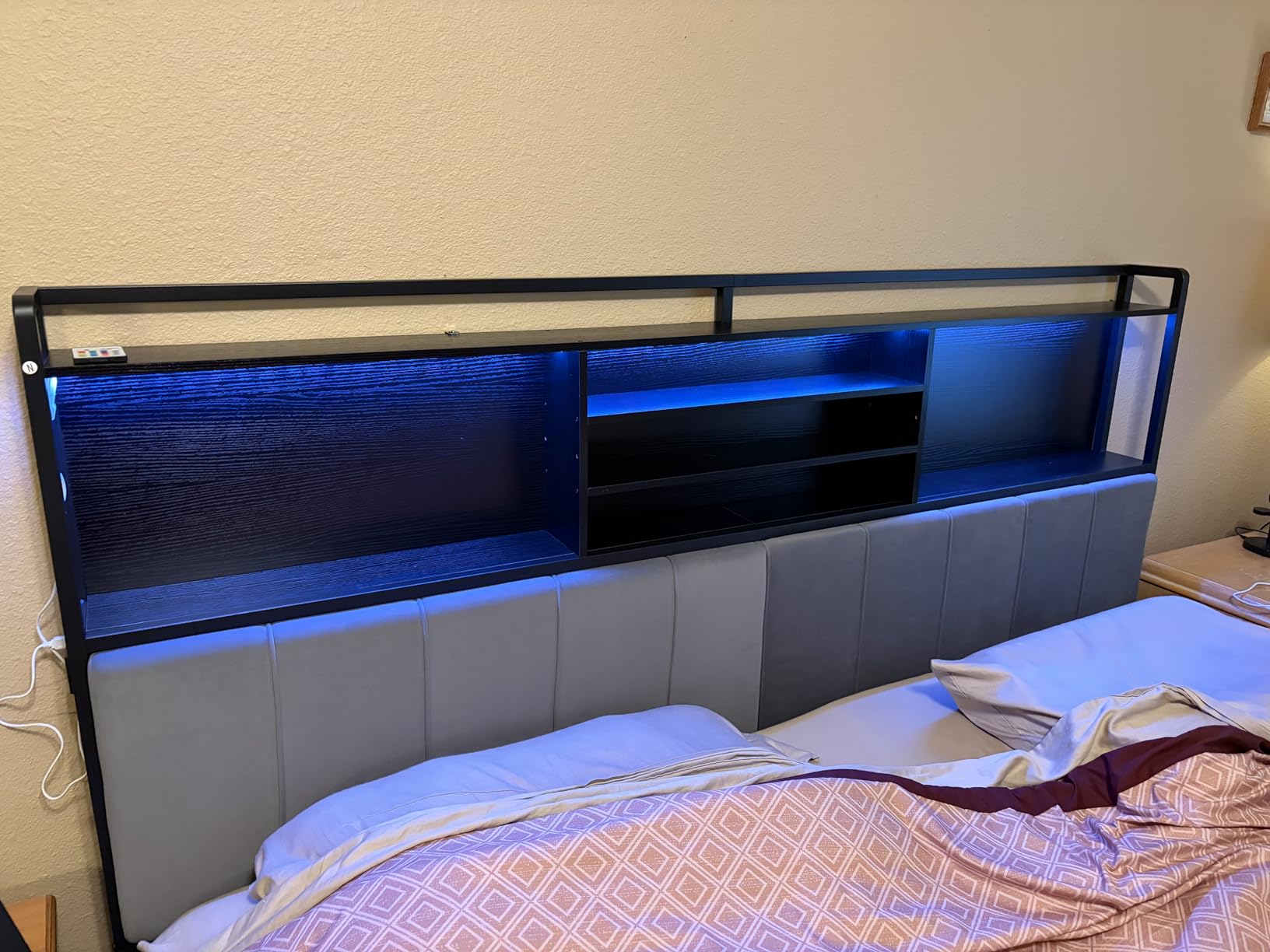 Hzuaneri Headboard with 3-Tier Storage Shelves, Velvet Upholstered Head Board with 2 Outlets, USB Ports & LED Light, Soft Backrest for Queen Size Bed, Black BH15204B customer photo 1