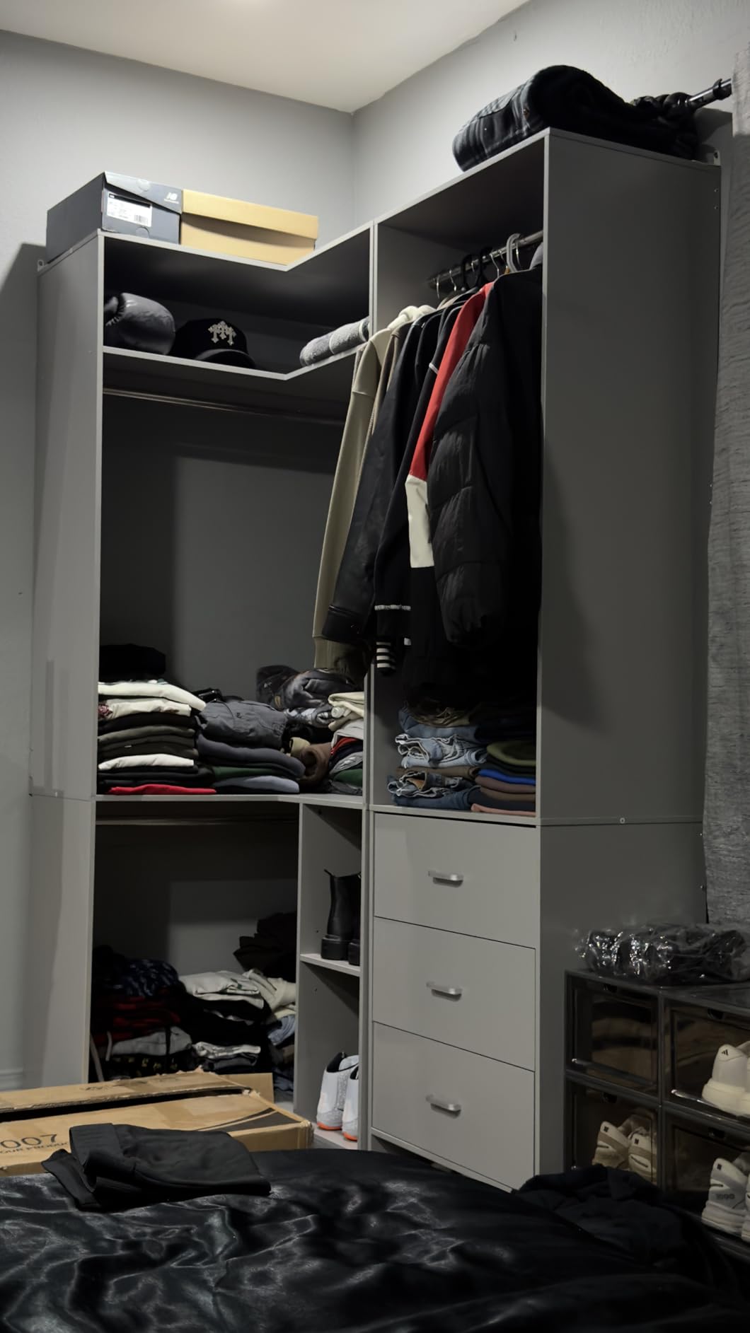 Aheaplus Closet System with 3 Drawers, 2 Hanging Rods & Corner Tower, Corner Closet System with Hanging, L-Shaped Walk-In Wardrobe Organizer, 1300+ lbs Capacity, Set of 2, White customer photo 1