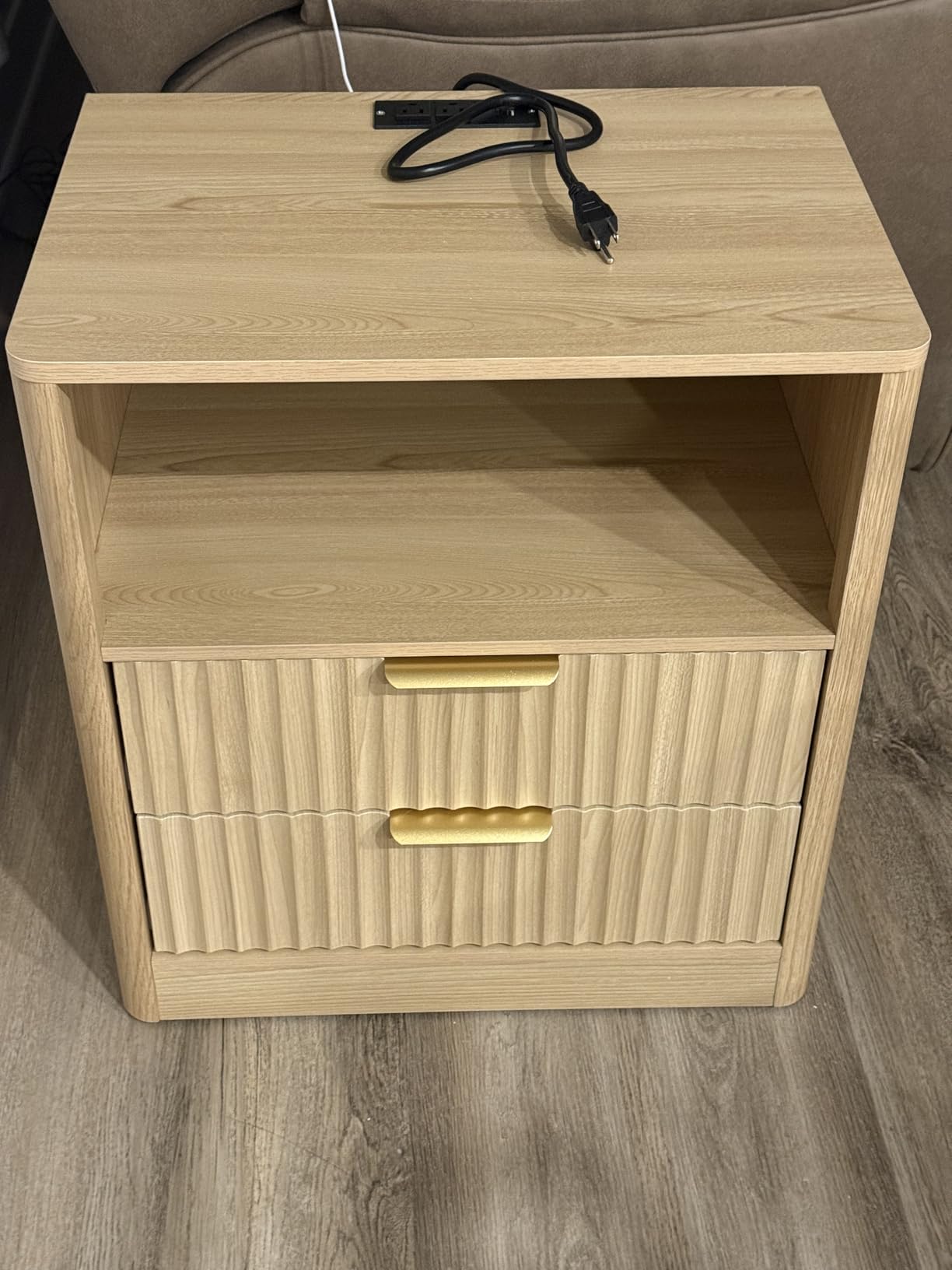 IRONCK Fluted Night Stand Set of 2, Modern Nightstand with Charging Station, Drawers and Open Shelves - Bedside Table Wood Side Table Set for Bedroom, Oak customer photo 2