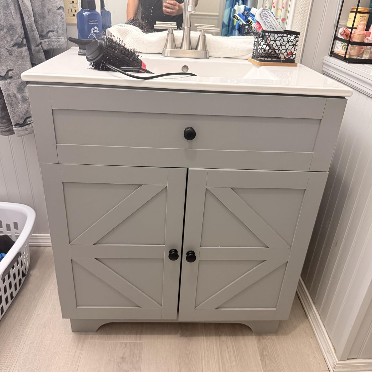 ANCTOR 30 Inch Bathroom Vanity with Integrated Ceramic Sink, Farmhouse Single Sink Bathroom Vanity, Tip-Out Drawer & Adjustable Shelf (White) customer photo 1