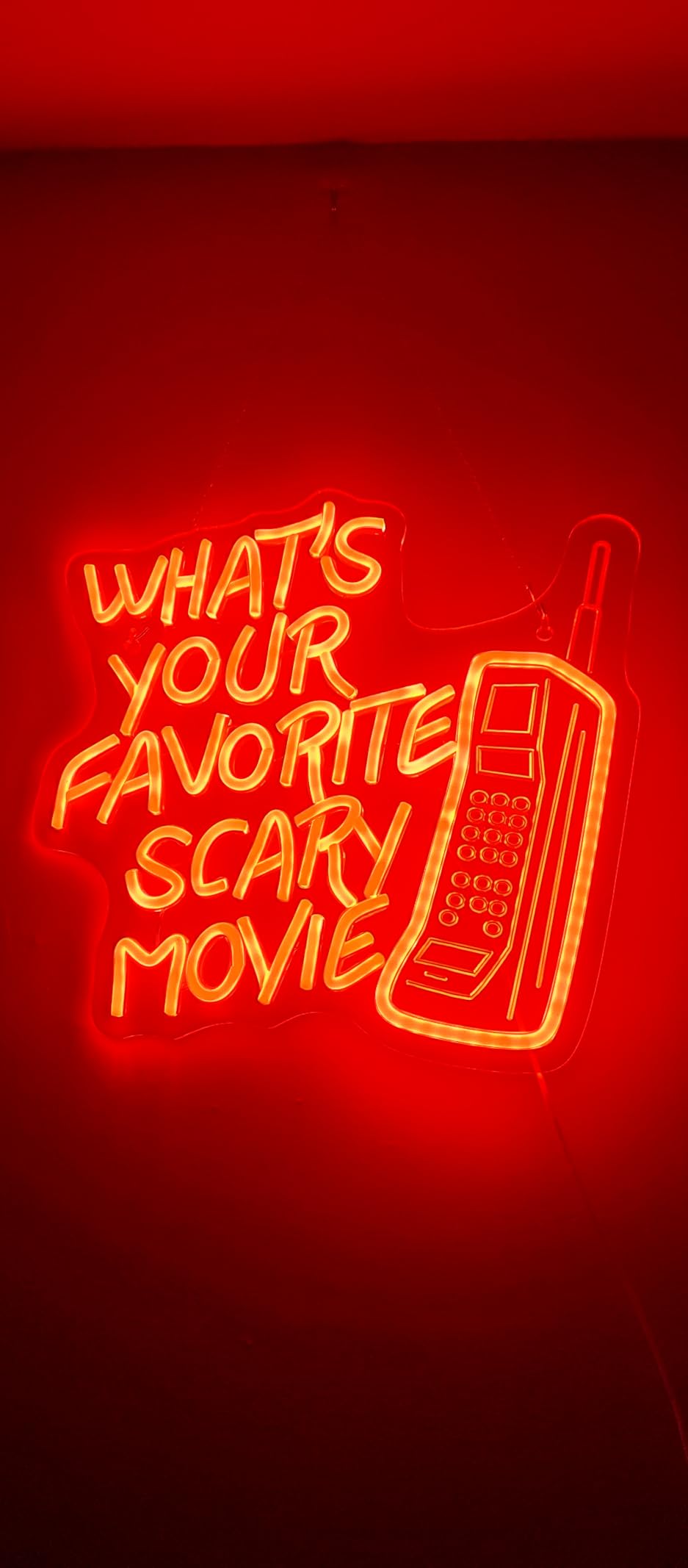 What's Your Favorite Scary Movie Neon Sign - Red LED Wall Light with Retro Phone Design - Horror Movie Night & Halloween Party Decor customer photo 1
