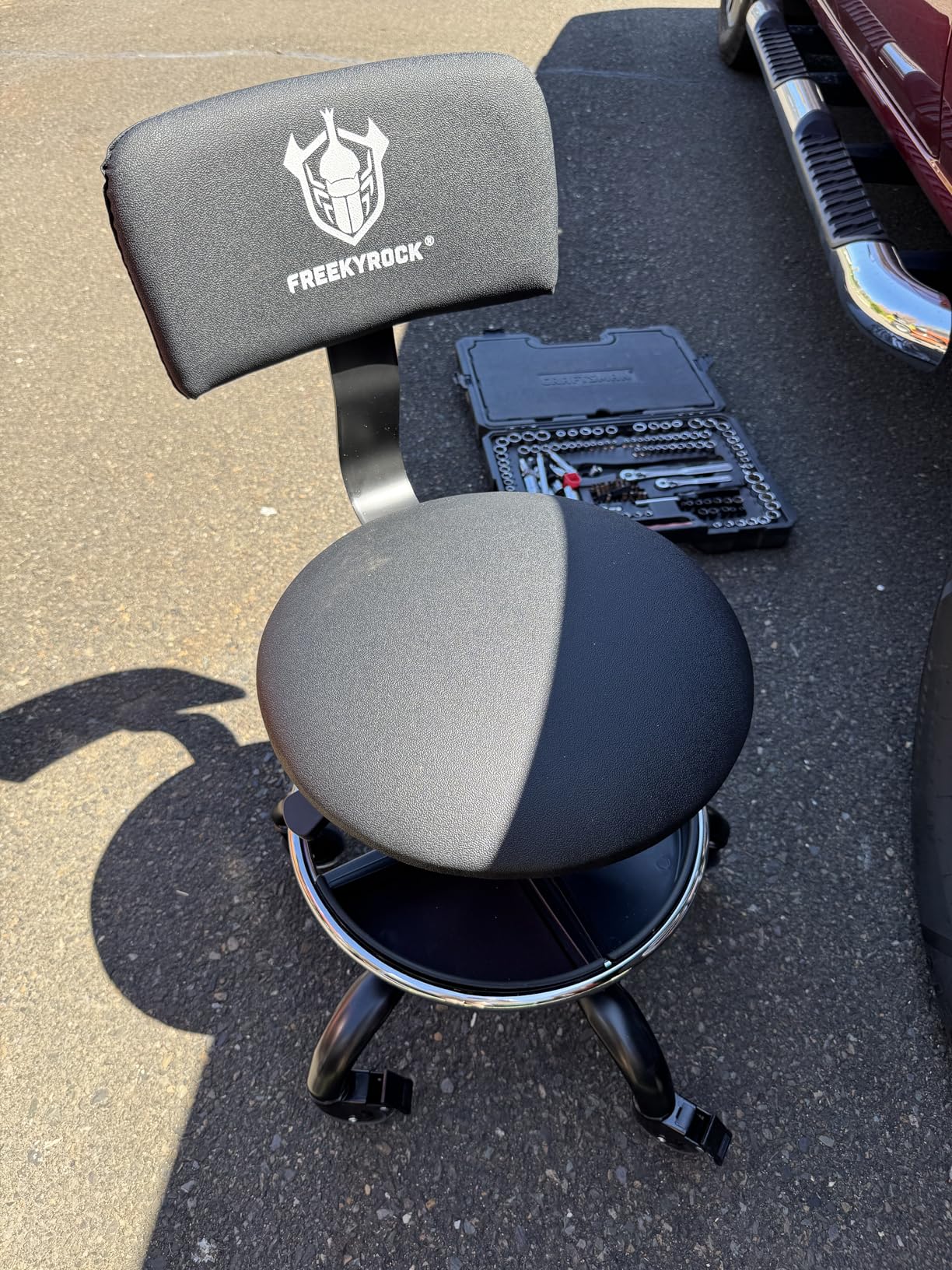 Rolling Shop Stool with Wheels, Garage Mechanic Stool Chair with Backrest, Height Adjustable Heavy Duty Swivel Task Chair, Adjustable Footrest with Storage Tray (Black) customer photo 1