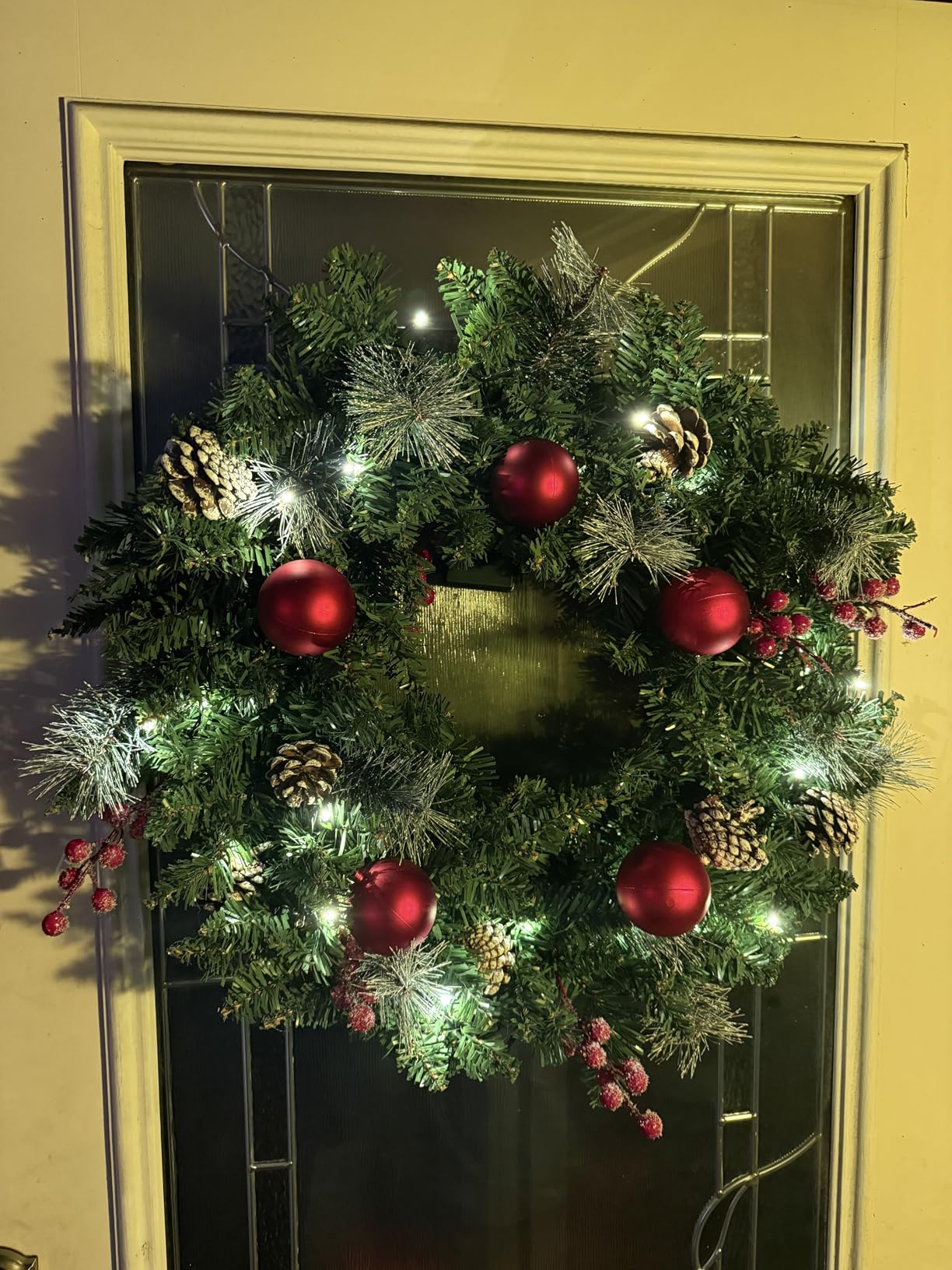 24 Inch Pre-Lit Artificial Christmas Wreath for Front Door, Christmas Door Decorations Wreath with LED Warm Lights, Balls, Pine Needles, and Red Berries Wall Windows Ornament customer photo 1
