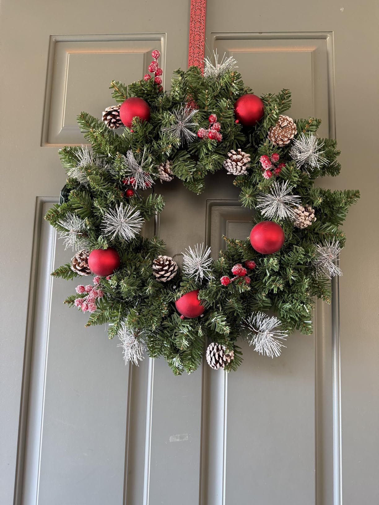 24 Inch Pre-Lit Artificial Christmas Wreath for Front Door, Christmas Door Decorations Wreath with LED Warm Lights, Balls, Pine Needles, and Red Berries Wall Windows Ornament customer photo 2