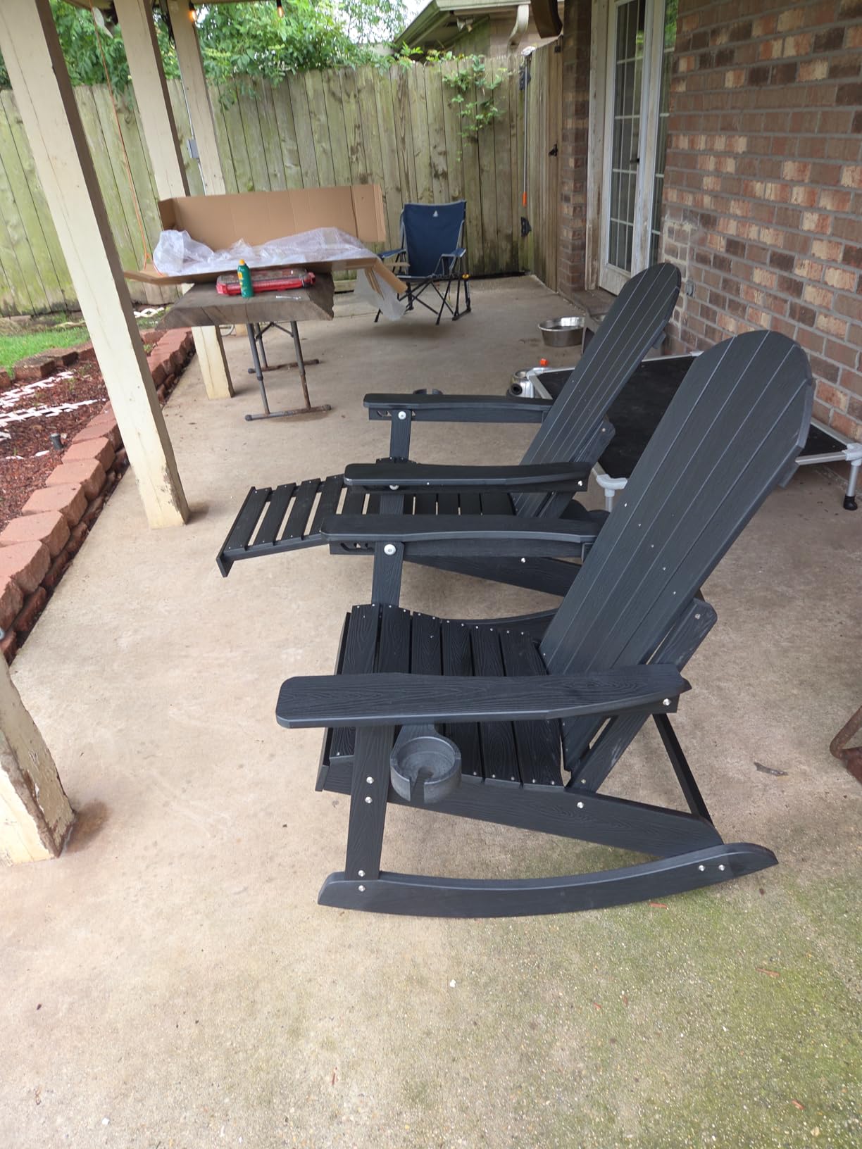 Adirondack Rocking Chairs Set of 2: Oversize Adirondack Chair with Retractable Ottoman - 5-Level Adjustable High Back - Outdoor Rocker with Cup Holder for Porch/Garden/Lawn/Patio/Backyard, Navy customer photo 2