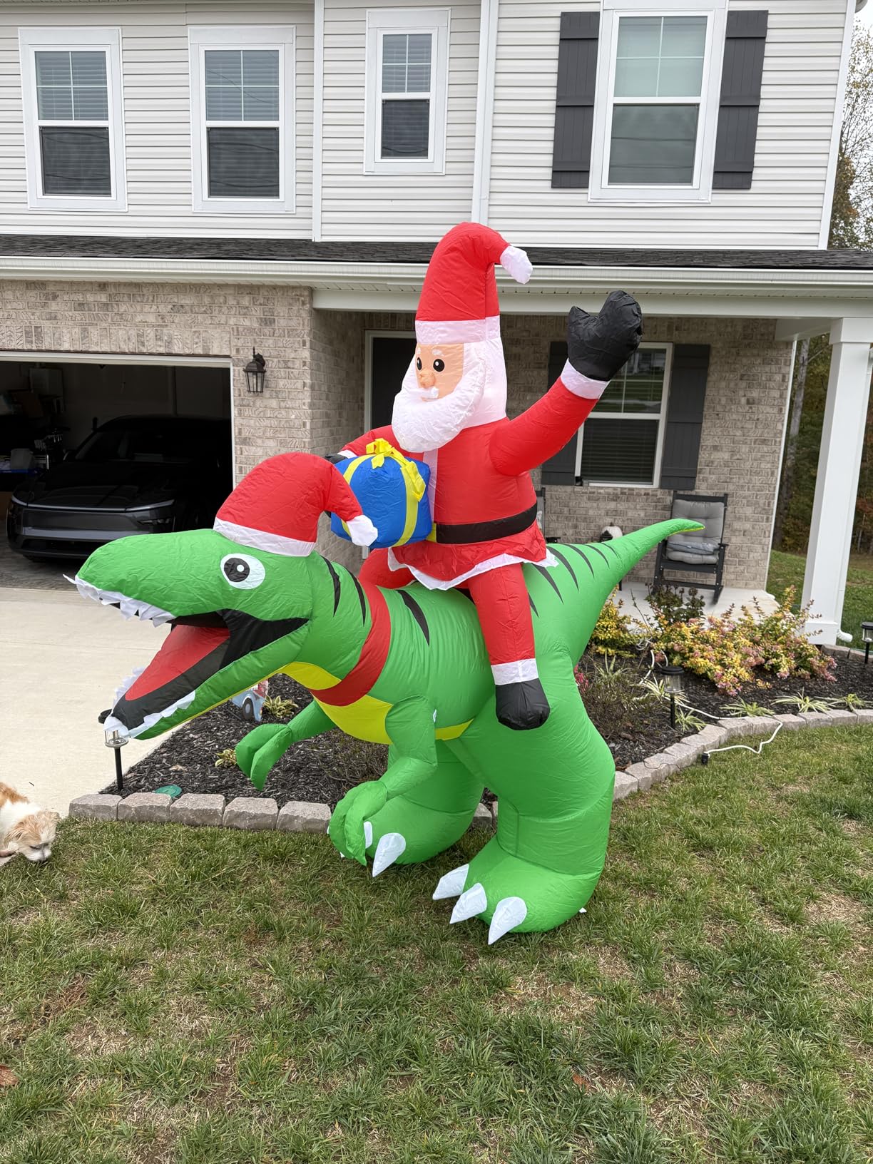 9x7FT Christmas Inflatables Santa Ride on Dinosaur with LED Outdoor Christmas Dinosaur Inflatable Blow Up Yard Decorations with Sandbags Stakes Strings for Garden Decor customer photo 2