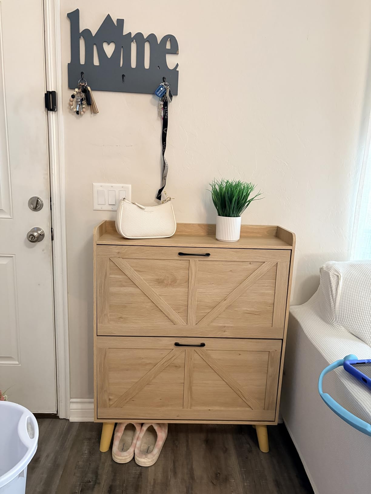LEYAOYAO Shoe Cabinet Storage for Entryway with 2 Flip Drawers Rack Narrow Organizer Slim Hidden Wood Shoe Cabinet Furniture Natural customer photo 2