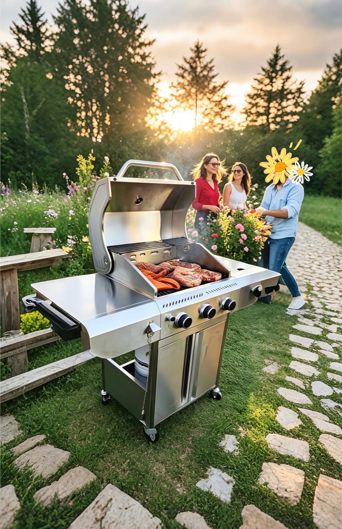 34,000 BTU 3-Burner Propane Gas Grill with Side Burner, All Stainless Steel BBQ Grill, Cast Iron Grates & Portable Cart with Wheels customer photo 1