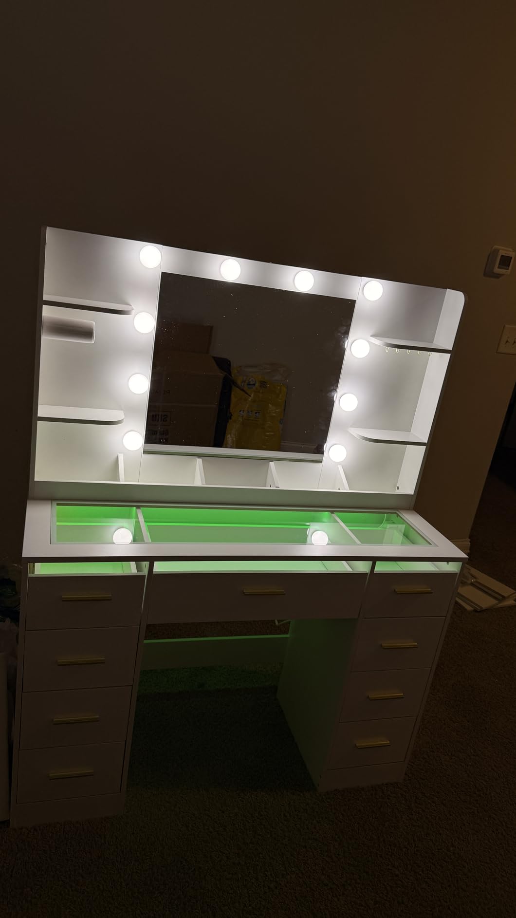 ANWBROAD Vanity Desk with Mirror and Lights 3 Colors Large Makeup Vanity Table Set Transparent Glass Top with 9 RGB Drawers, 4 Shelves Vanity Desk with Stool Power Outlet White Bedroom Women customer photo 1