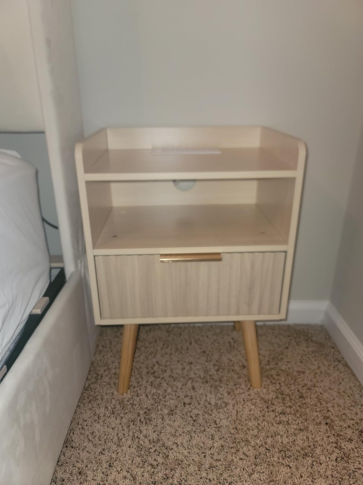 Huuger Nightstand with Charging Station, USB-C Port, Fluted Night Stand Set of 2, Bed Side Table with Drawer, Solid Wood Feet, Open Storage, End Table with Raised Edge, for Bedroom, Walnut customer photo 1