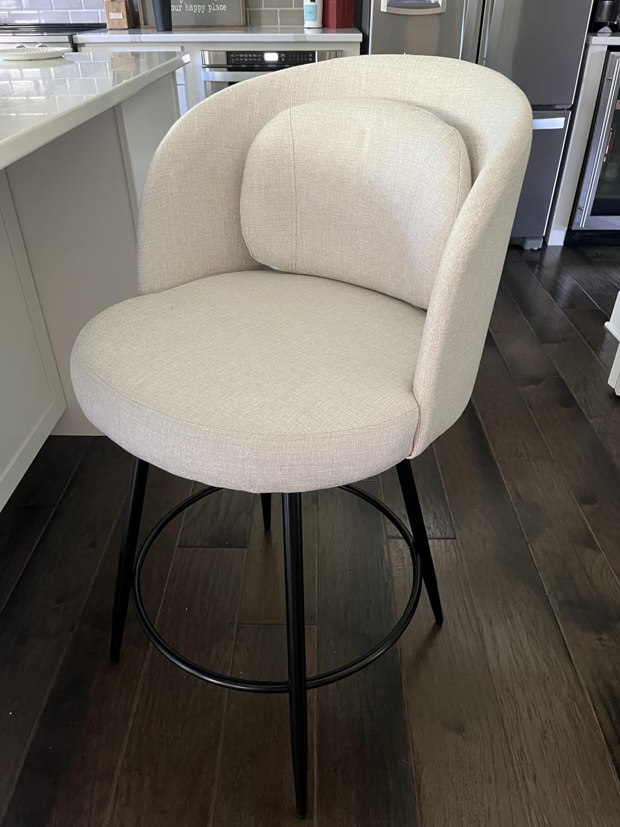 LUE BONA 26''H Swivel Bar Stools Set of 3, Counter Height Bar Stools with Backs, Lumbar Pillow and Black Metal Frames, Upholstered Modern Barstools for Kitchen Island, Linen Farbic, Linen Color customer photo 1