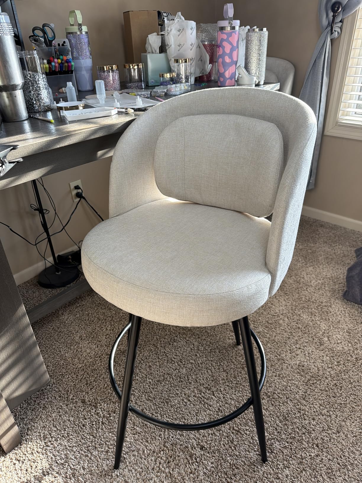 LUE BONA 26''H Swivel Bar Stools Set of 3, Counter Height Bar Stools with Backs, Lumbar Pillow and Black Metal Frames, Upholstered Modern Barstools for Kitchen Island, Linen Farbic, Linen Color customer photo 2