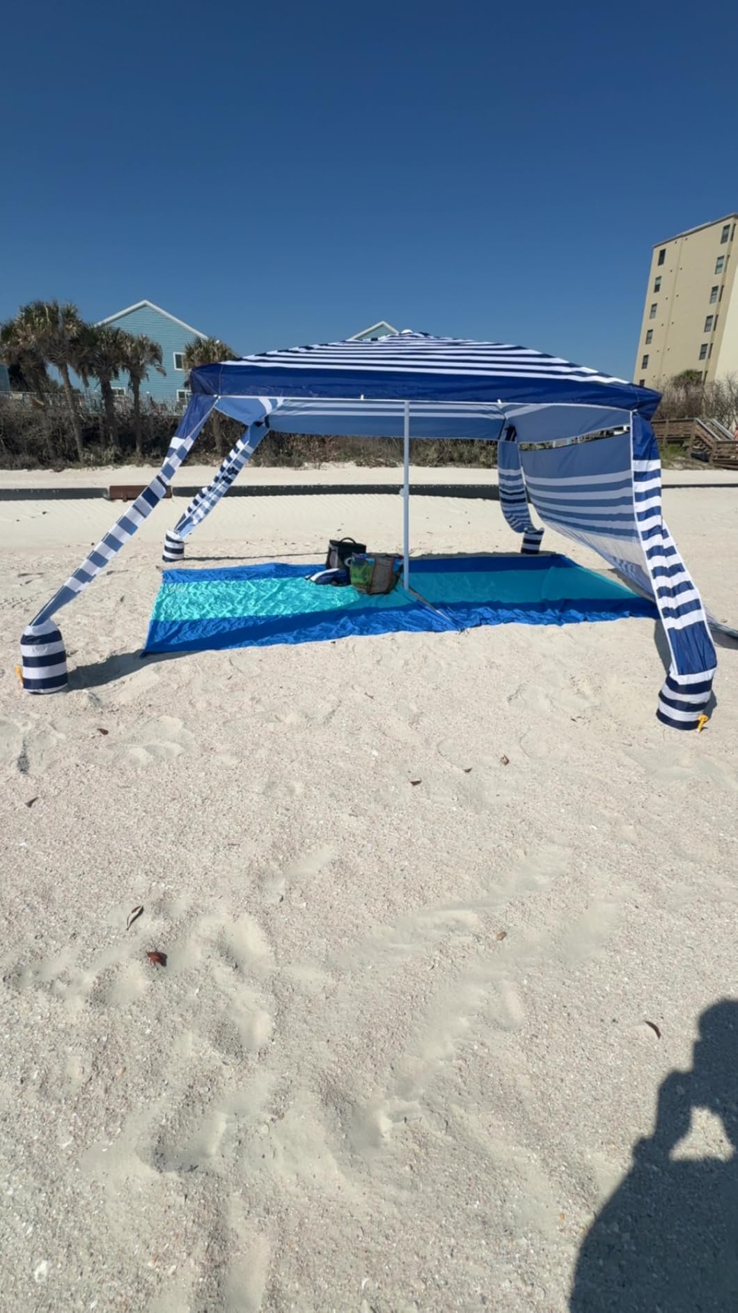MoKo Beach Cabana, 8'x8' Large Beach Canopy with Side Wall, UPF 50+ Protection Easy Setup Beach Tent Sun Shelter, Adjustable Height Wind Resistant Cabana Beach Tent for Whole Family, Navy Stripes customer photo 2