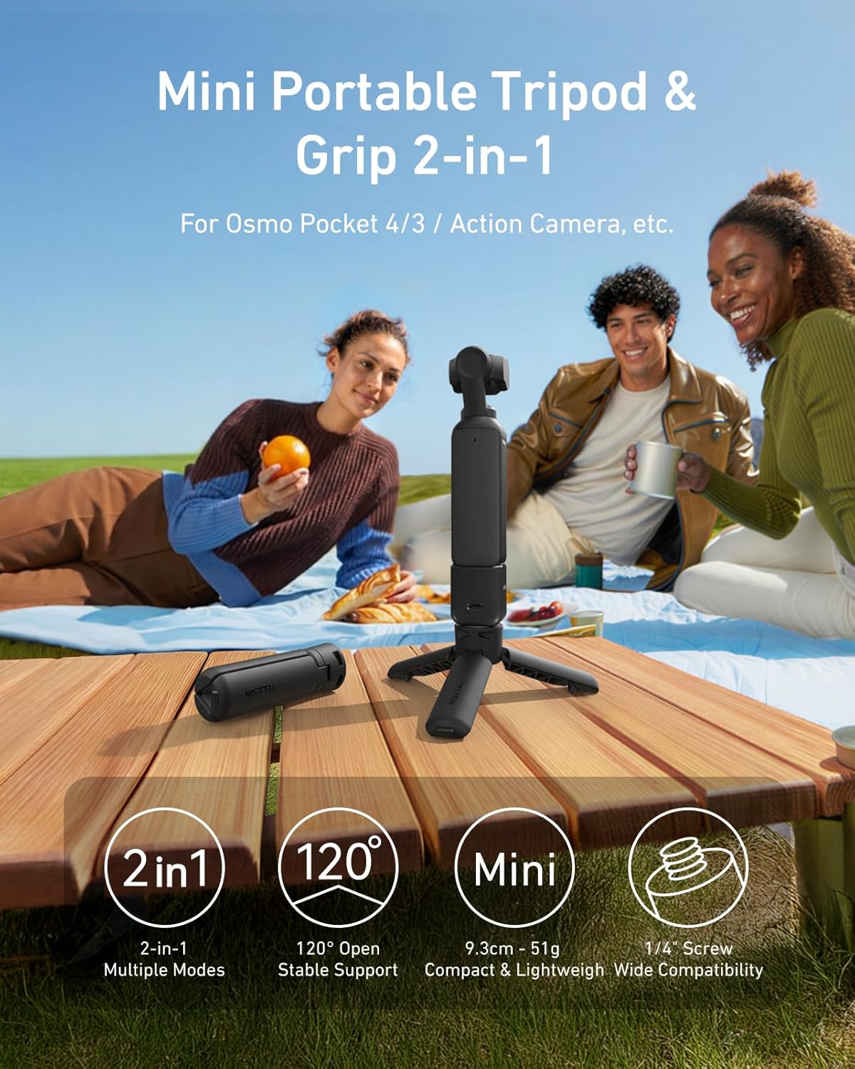 TELESIN Mini Tripod & Grip for DJI Osmo Pocket 3/4 Camera&Phone, One Click Open Desktop Stand&Handle with 1/4