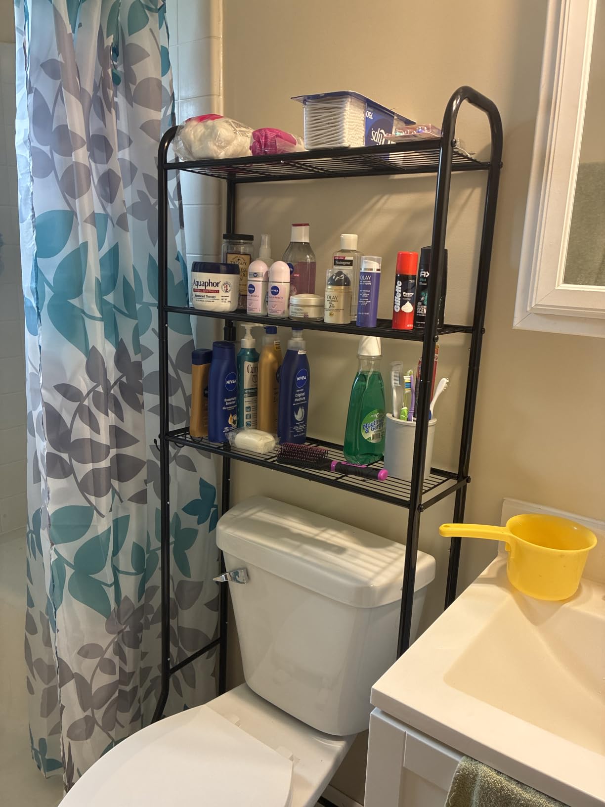 Simple Trending 3 Tier Over The Toilet Storage Rack, Metal Bathroom Shelf, Bathroom Stand Organizer Space Saver with Paper Holder and Hooks, White customer photo 1