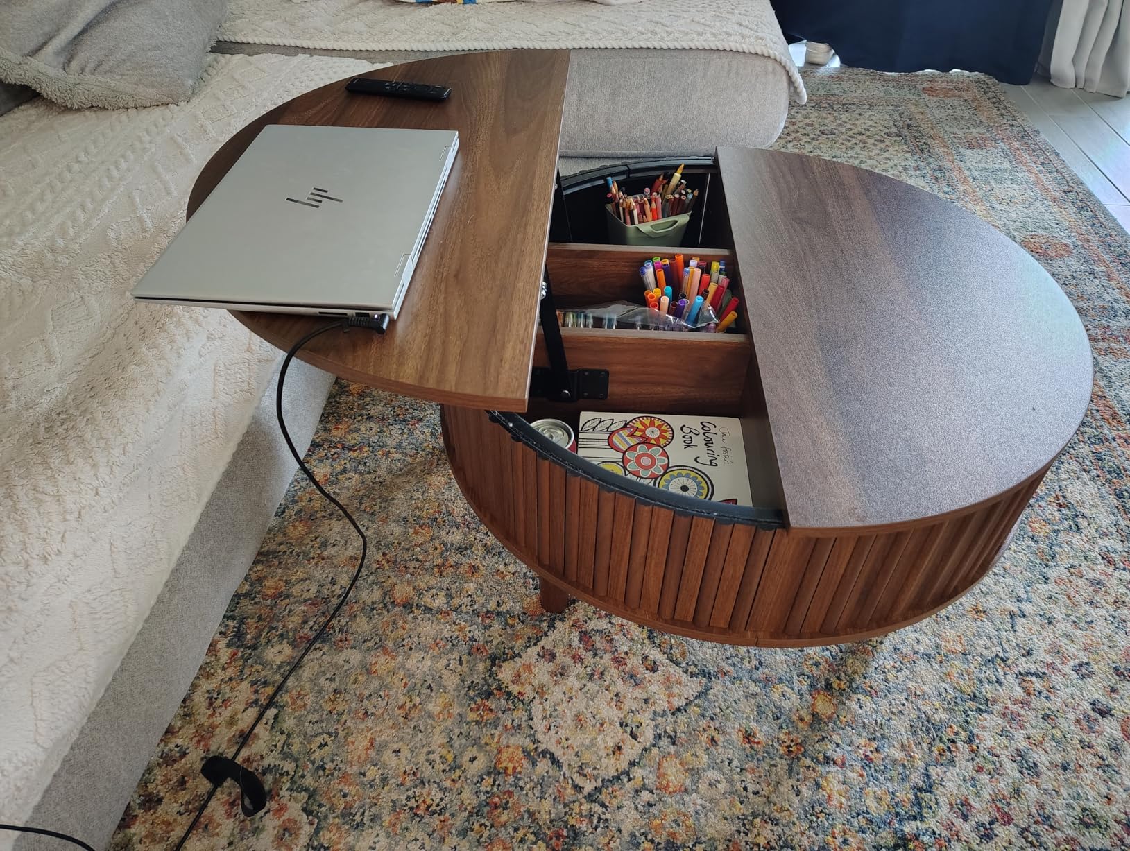Janmer Home Round Lift Top Coffee Table with Storage, Fluted Mid Century Modern Coffee Tables, Small Space, 31.5