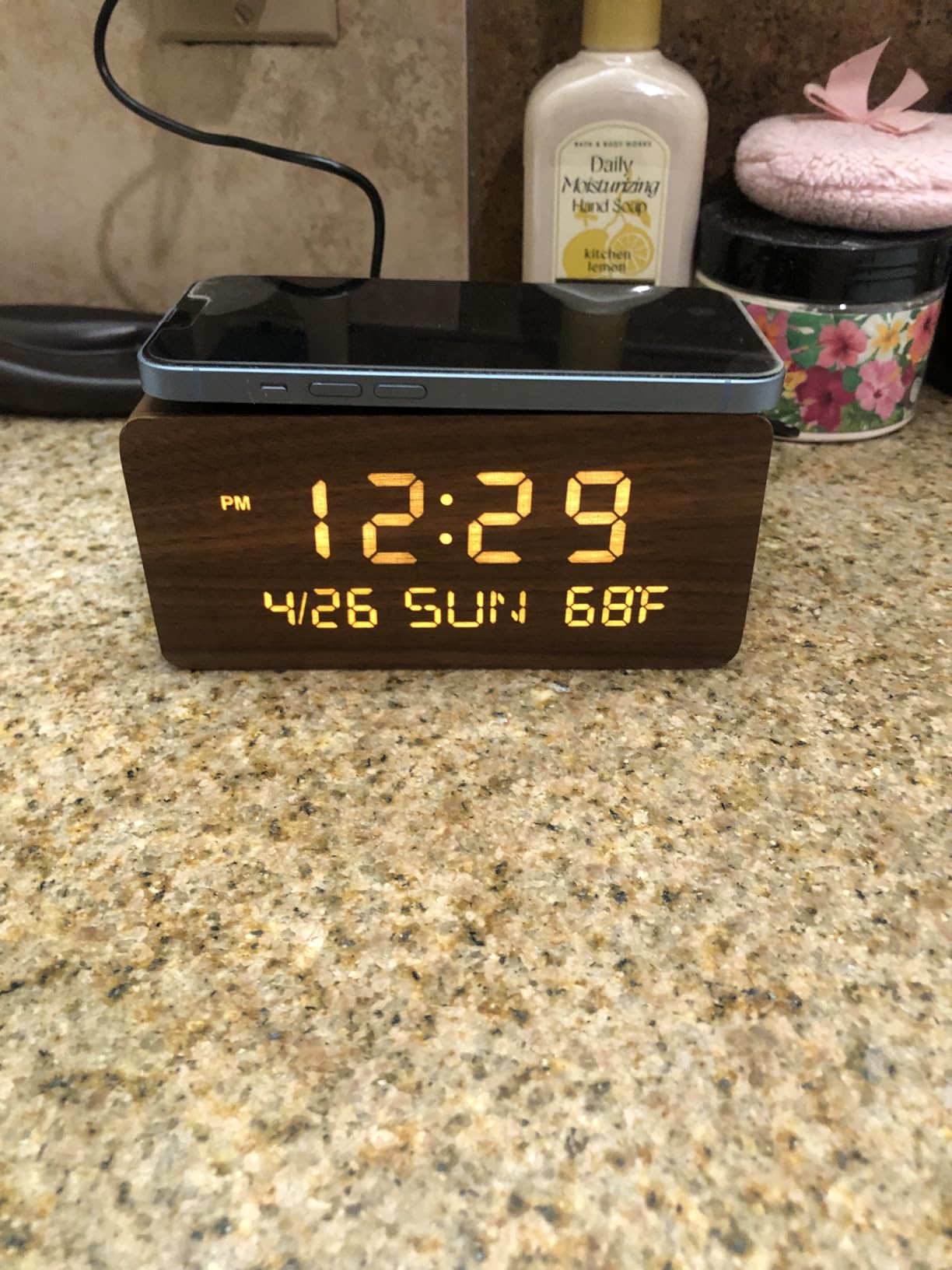 Andoolex Wooden Digital Alarm Clock with Wireless Charging, 0-100% Adjustable Brightness Dimmer and Alarm Volume, Weekday/Weekend Mode, Dual Alarm, Snooze, 12/24H, Wood LED Clock for Bedroom (Black) customer photo 1
