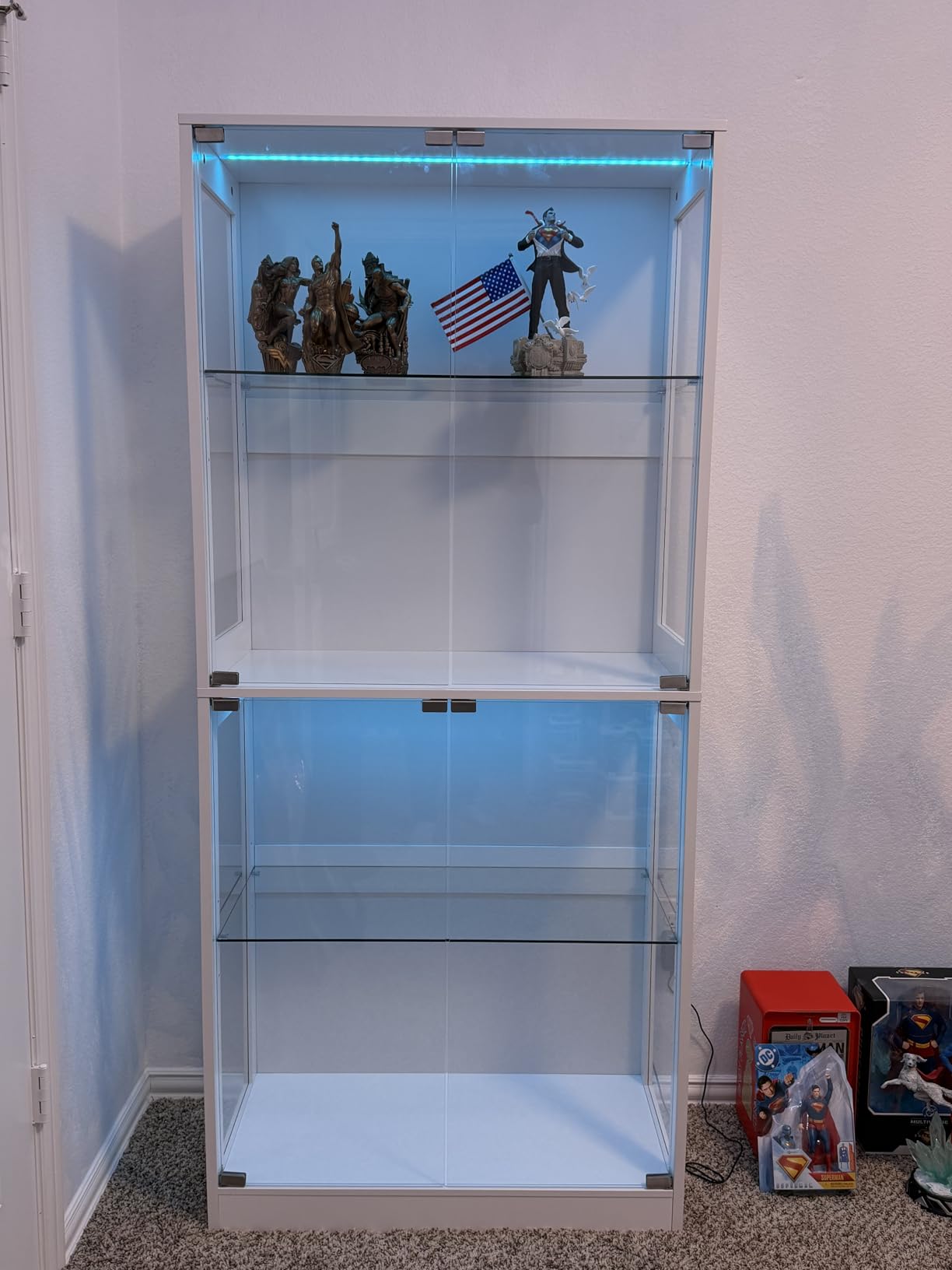 AMERLIFE RGB Display Cabinet with Adjustable Glass Shelves, 4-Tier Storage Display Case with LED Lights, Press-to-Open Glass Doors, Modern Collectibles Cabinet, Black 70