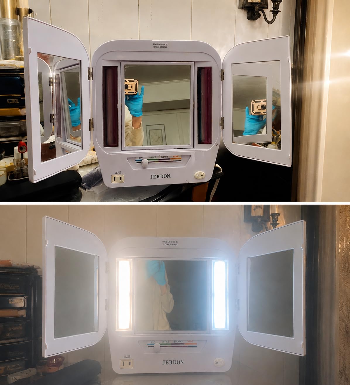 JERDON Tri-Fold Two-Sided Makeup Mirror with Lights - Vanity Mirror with 5X Magnification & Multiple Light Settings - White Base - Model JGL9W customer photo 1