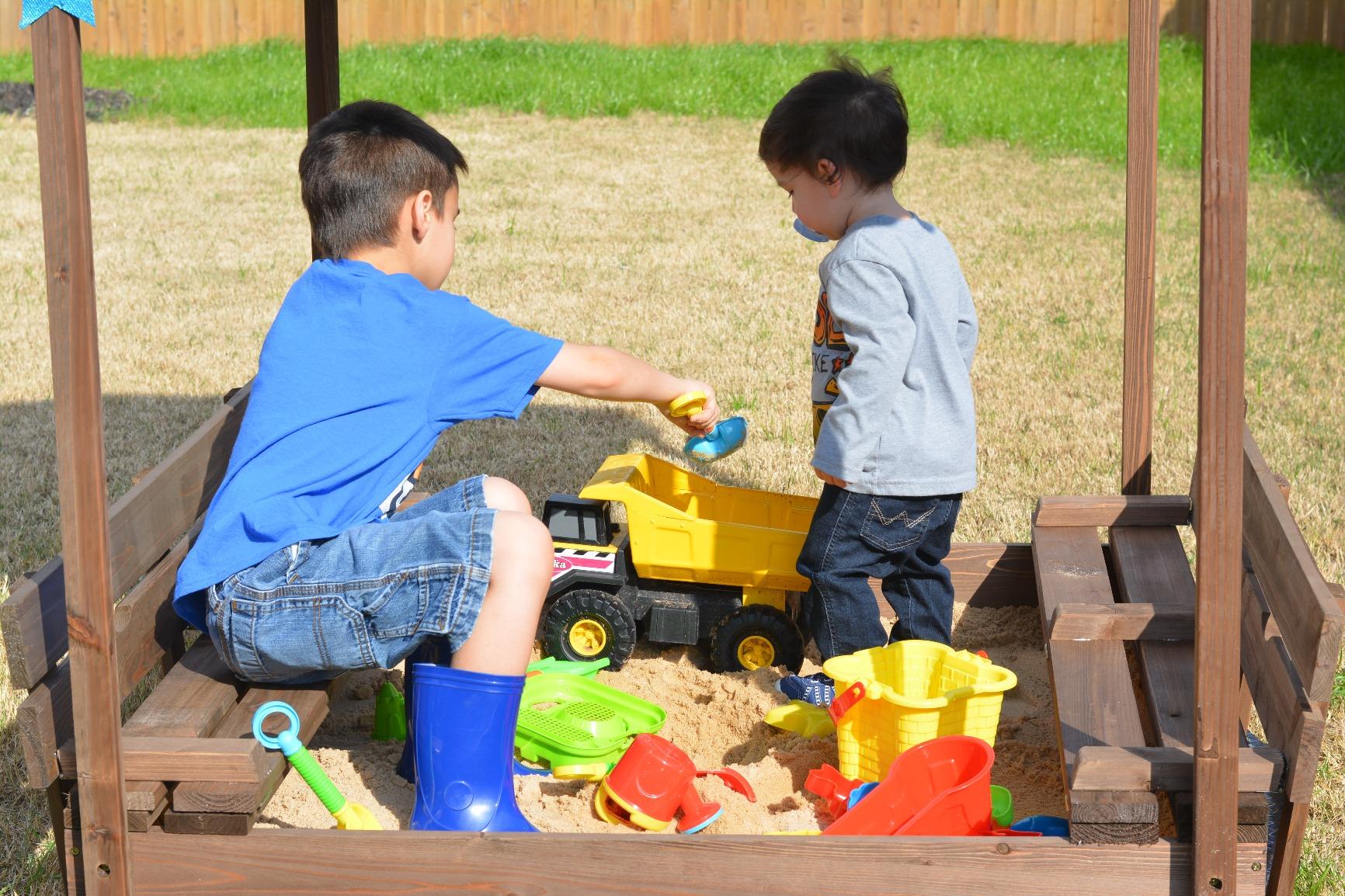 Badger Basket Sandbox for Kids with Canopy & Benches - Outdoor Convertible Wooden Sandbox with Lid, UV Shade & Built-In Seating - Backyard Playset (46.5 x 46.5 x 57) customer photo 2