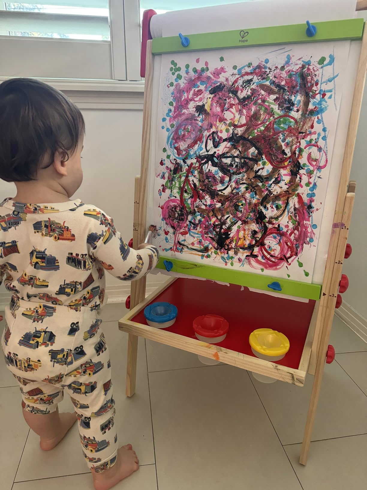 Hape E1010 Magnetic All in 1 Kids Height Adjustable Drawing Dry-Erase Chalkboard Wooden Artist Easel with 3 Paint Pots and Refillable Paper Roll customer photo 2