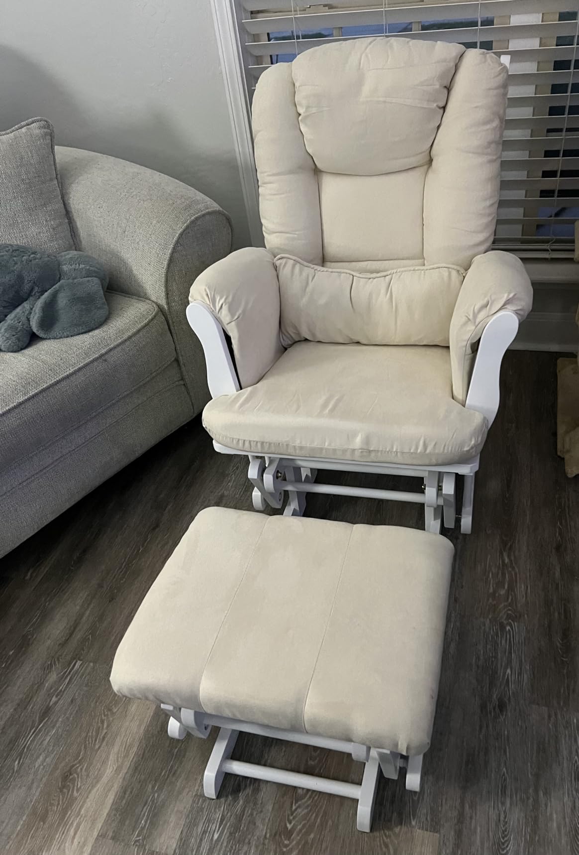 Storkcraft Tuscany Custom Glider and Ottoman with Free Lumbar Pillow (Espresso/Slate Gray Swirl) - Cleanable Upholstered Comfort Rocking Nursery Chair with Ottoman customer photo 2