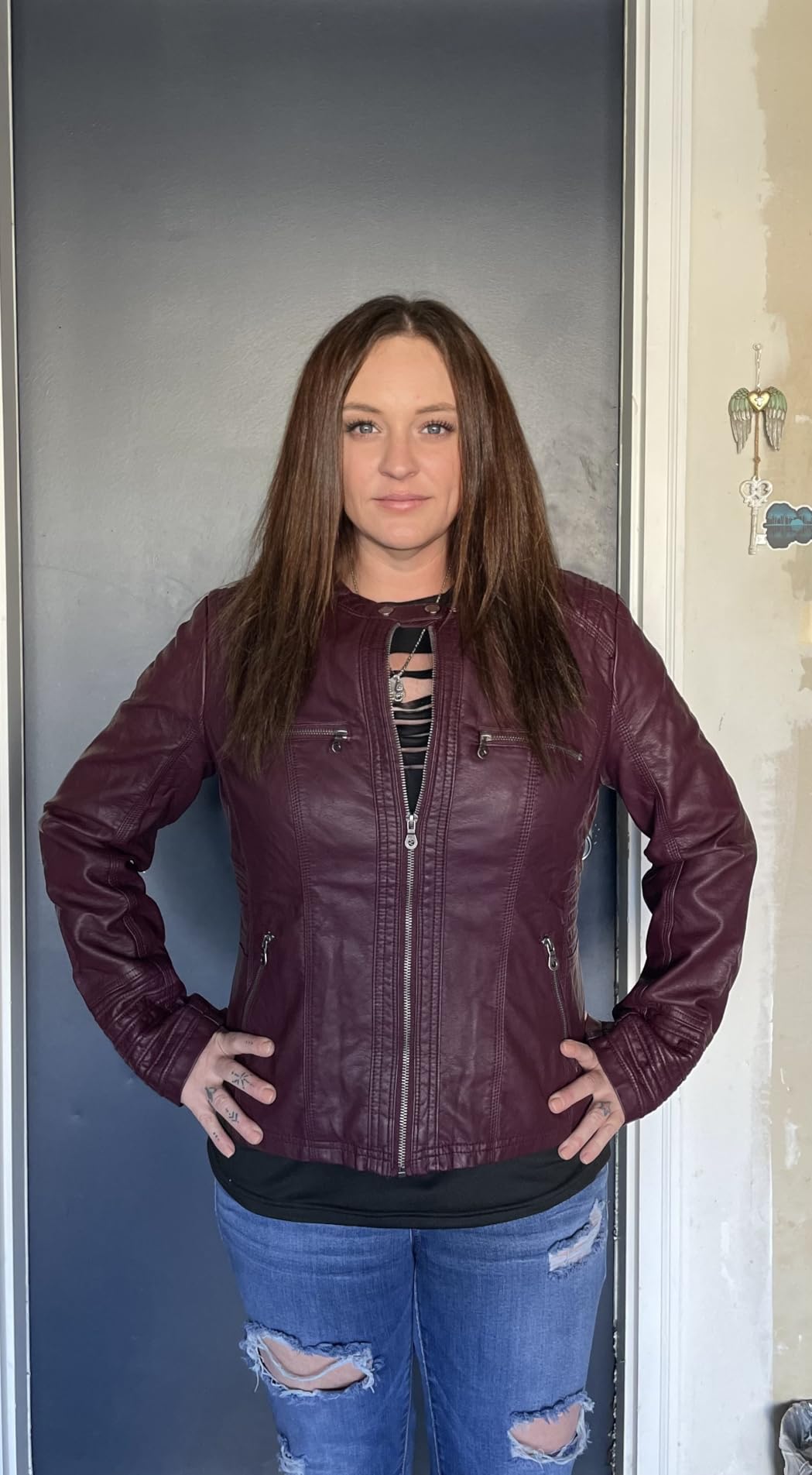 Women's Faux Leather Moto Biker Jacket Coat with Removable or Non-Removable Hood customer photo 1
