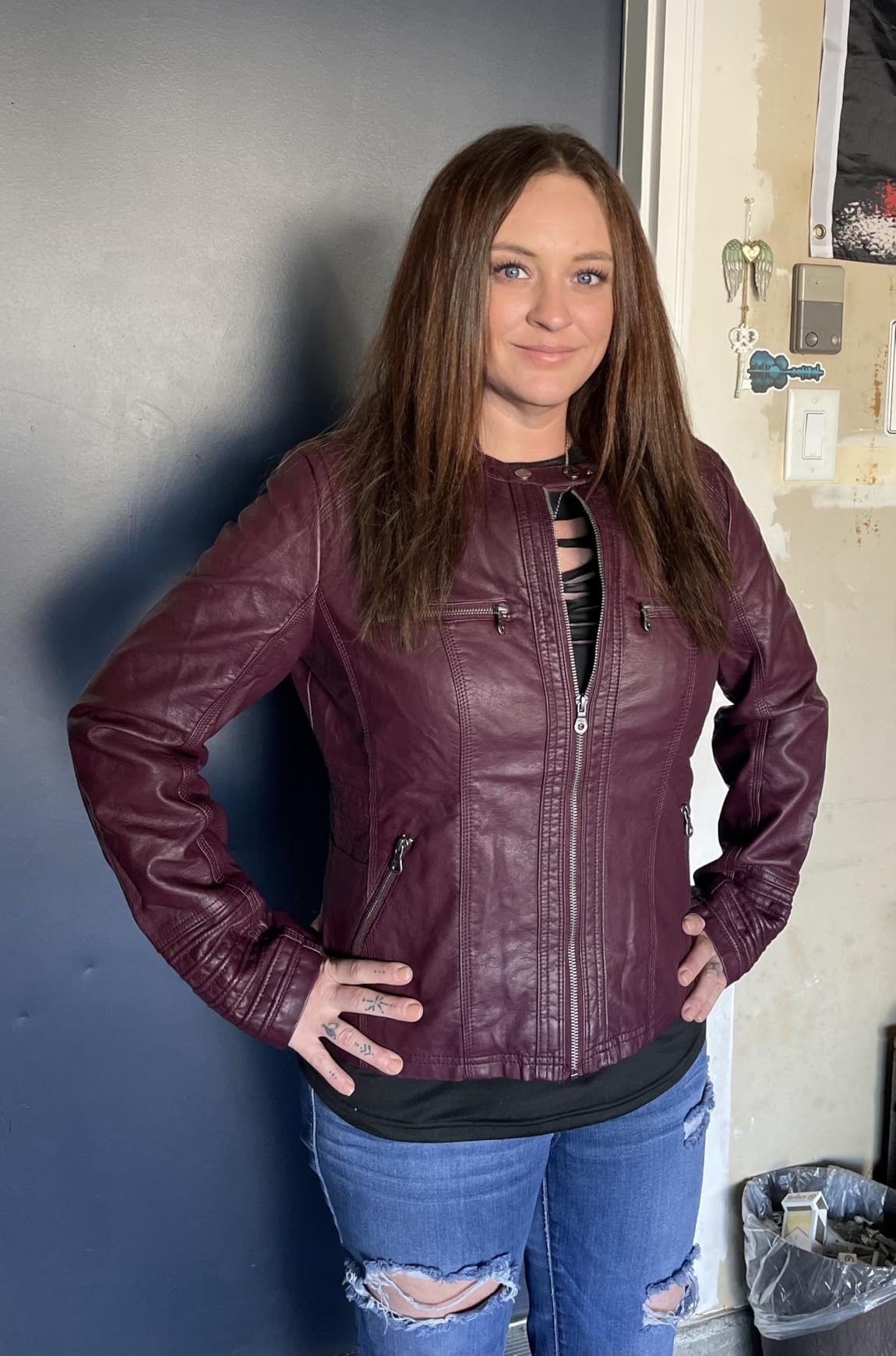 Women's Faux Leather Moto Biker Jacket Coat with Removable or Non-Removable Hood customer photo 2