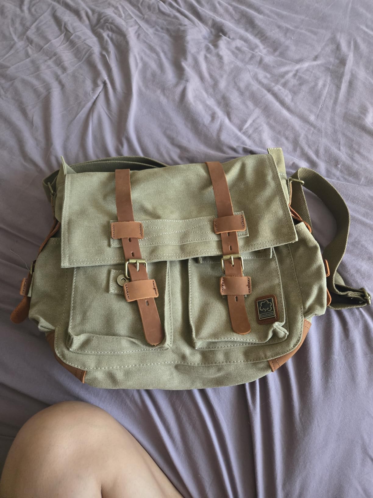Sechunk Vintage Military Leather Canvas Laptop Bag Messenger Bags Medium customer photo 1