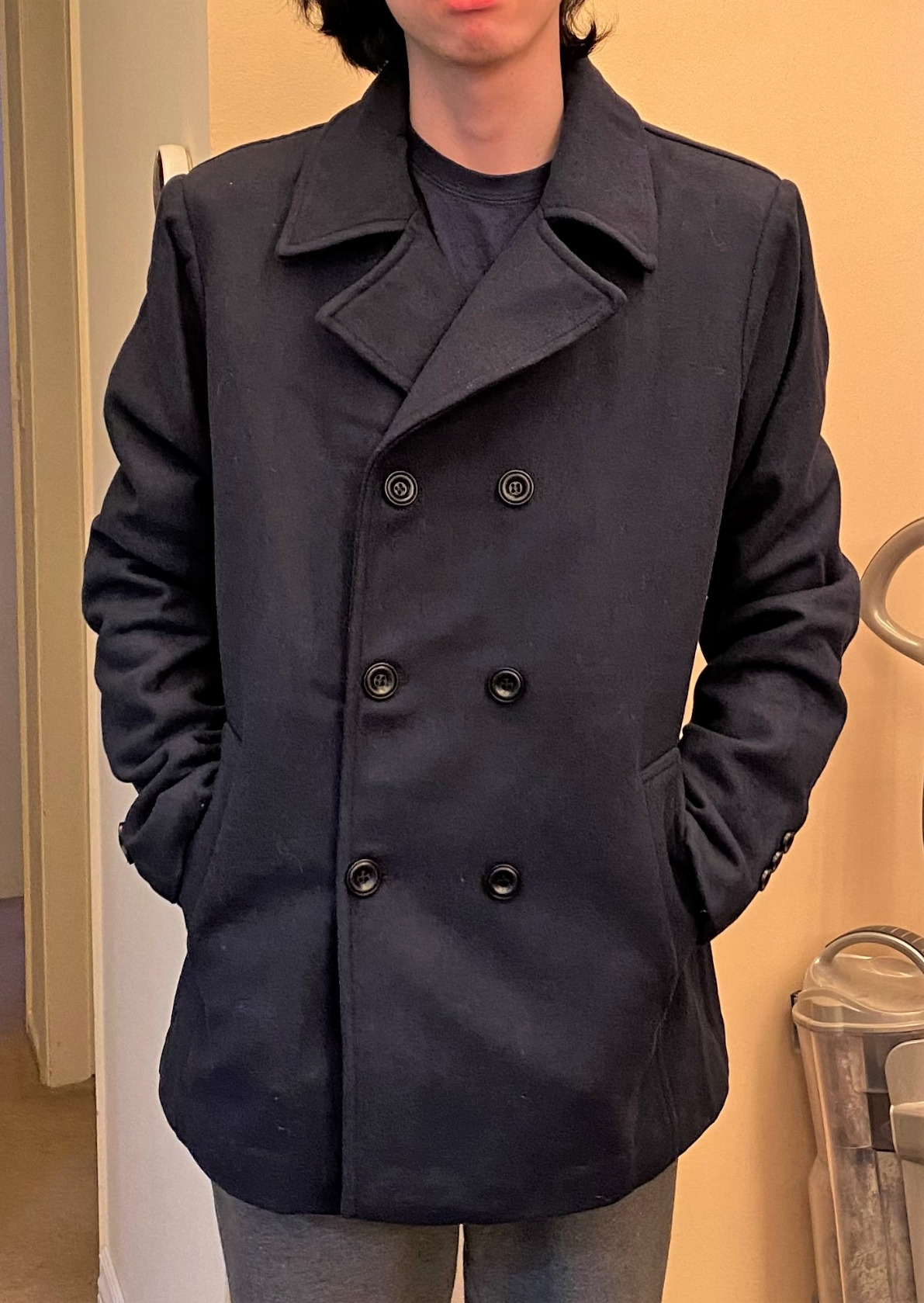 Men's Classic Notched Collar Double Breasted Wool Blend Pea Coat customer photo 2