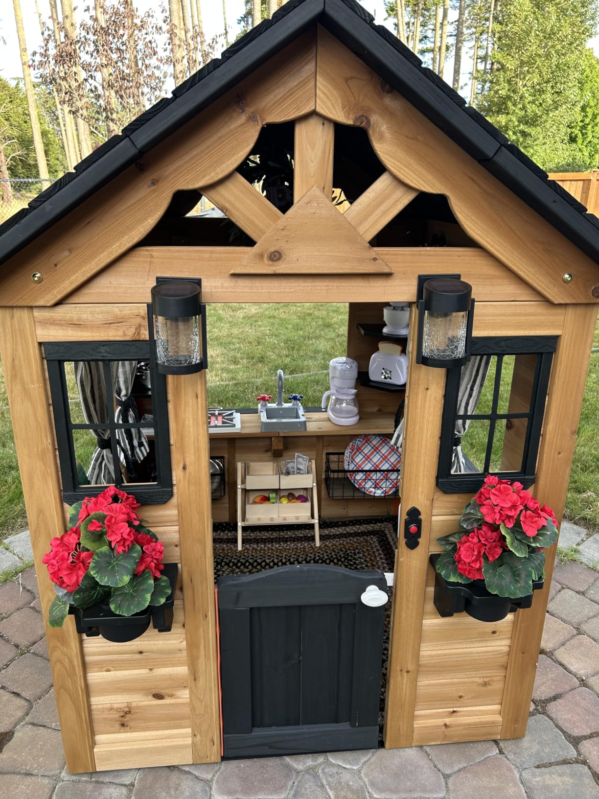 Backyard Discovery Sweetwater Cedar Wooden Kids Playhouse Cottage with Play Kitchen, Snack Bar, Half Door, Toy Phone, Windows, Flowerpot Holders, and Working Doorbell for Outdoor Imaginative Play customer photo 1