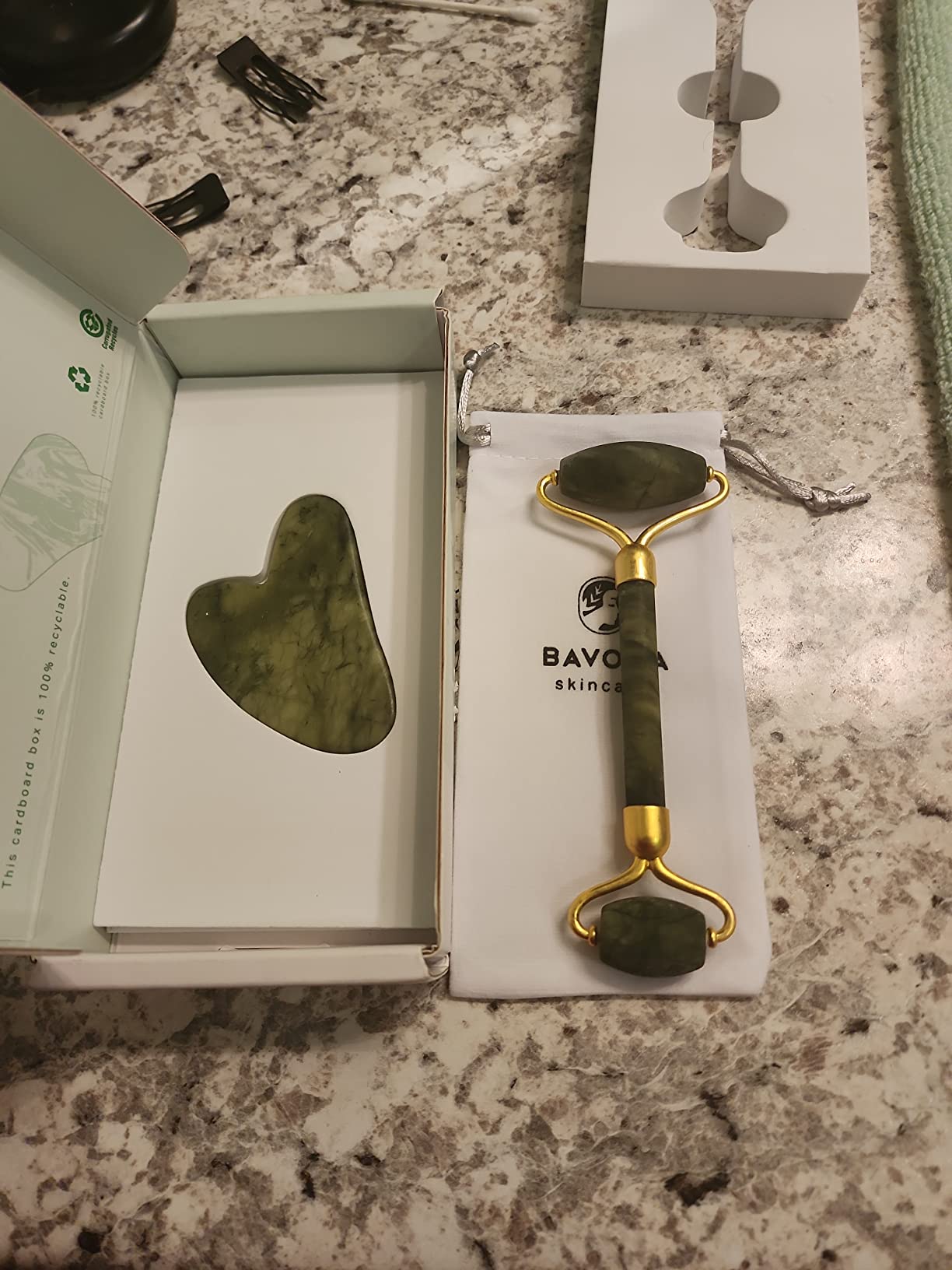 Jade Roller and Gua Sha - Spa Grade Face Roller Massager and Gua Sha Massage Tool Set. 100% Authentic Jade Stone. Reduces Puffiness, Wrinkles and Reveals Your Natural Glow customer photo 1