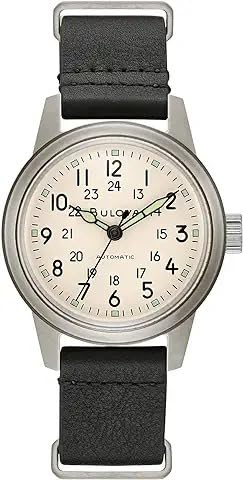 Men's Military Heritage Hack Stainless Steel 3-Hand Automatic Watch, NATO Leather Strap, Luminous Hands and Markers, Black Leather/Ivory Dial customer photo 1