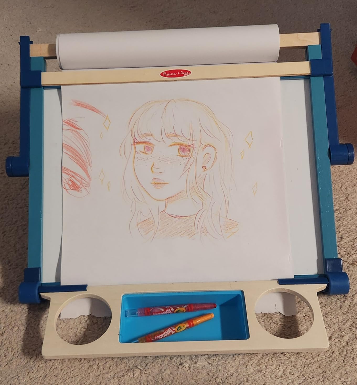 Melissa & Doug Magnetic Tabletop Easel, Deluxe Double-Sided Wooden Art Set with Chalkboard, Dry-Erase Board, Paper Roll Holder, Magnets & Art Supplies, Preschool Learning Toys for Kids Ages 3+ customer photo 2