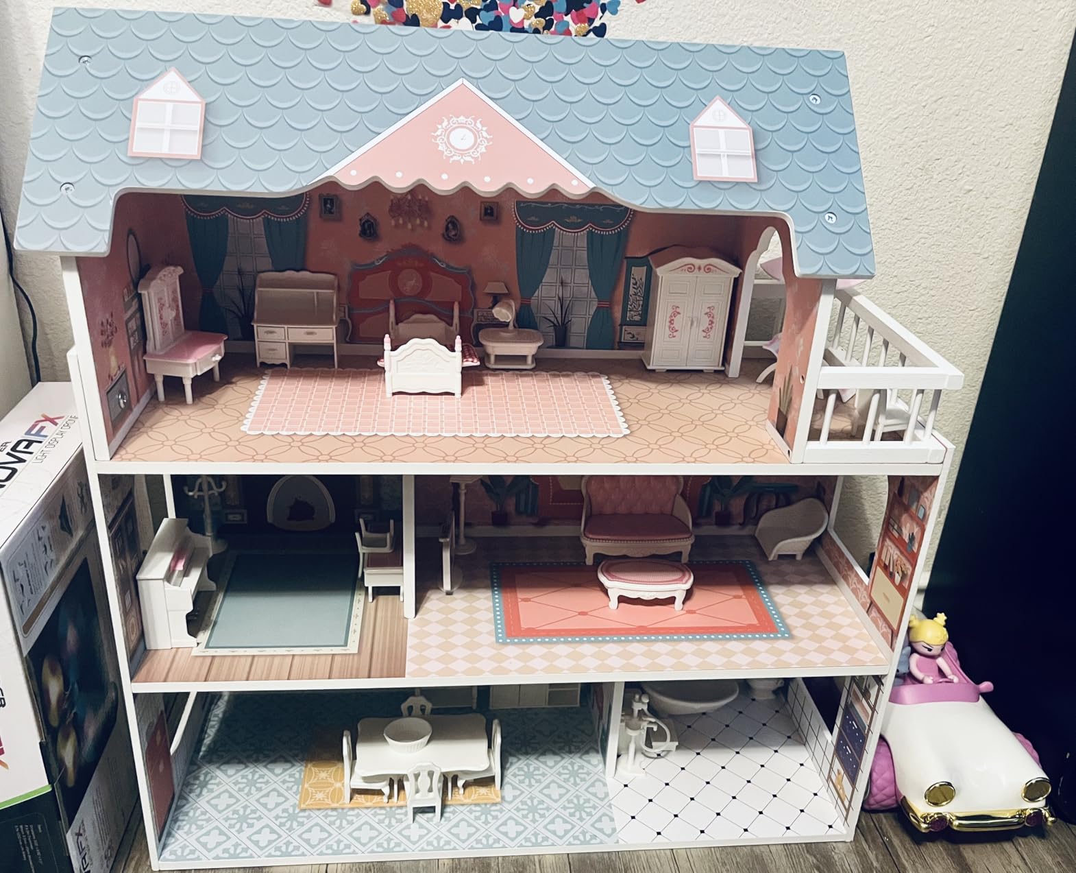 ROBUD Wooden Dollhouse for Kids Girls, Toy Gift for 3 4 5 6 Years Old, with Furniture Blue customer photo 1