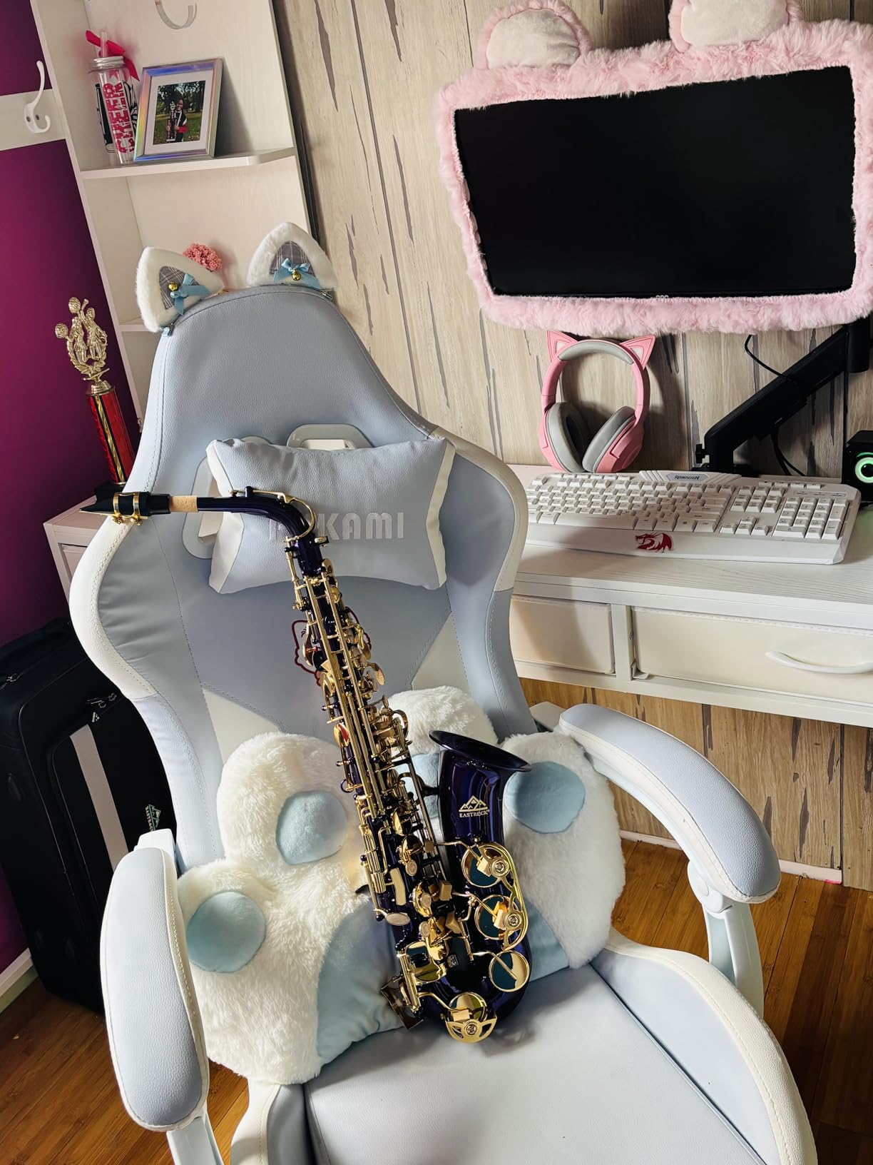 EASTROCK Purple/Golden Alto Saxophone E Flat Sax Full Kit for Students Beginner with Carrying Case, Mouthpiece, Mouthpiece Cushion Pads, Cleaning Cloth & Cleaning Rod, White Gloves, Neck Strap customer photo 1