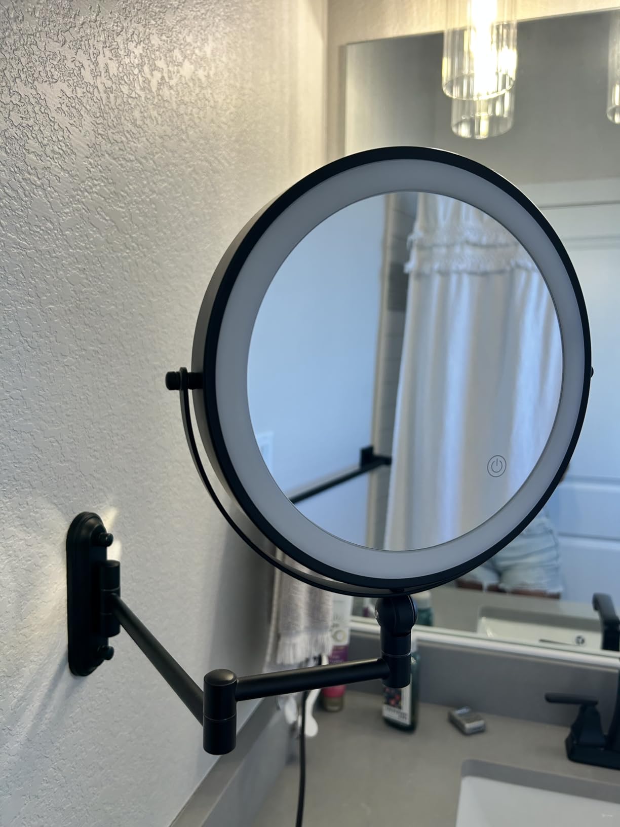 Rocollos Rechargeable Wall Mounted Lighted Makeup Mirror Chrome, 8 Inch Double-Sided LED Vanity Mirror 1X/10X Magnification,3 Color Lights Touch Screen Dimmable 360°Swivel 13 Inch Extendable customer photo 1