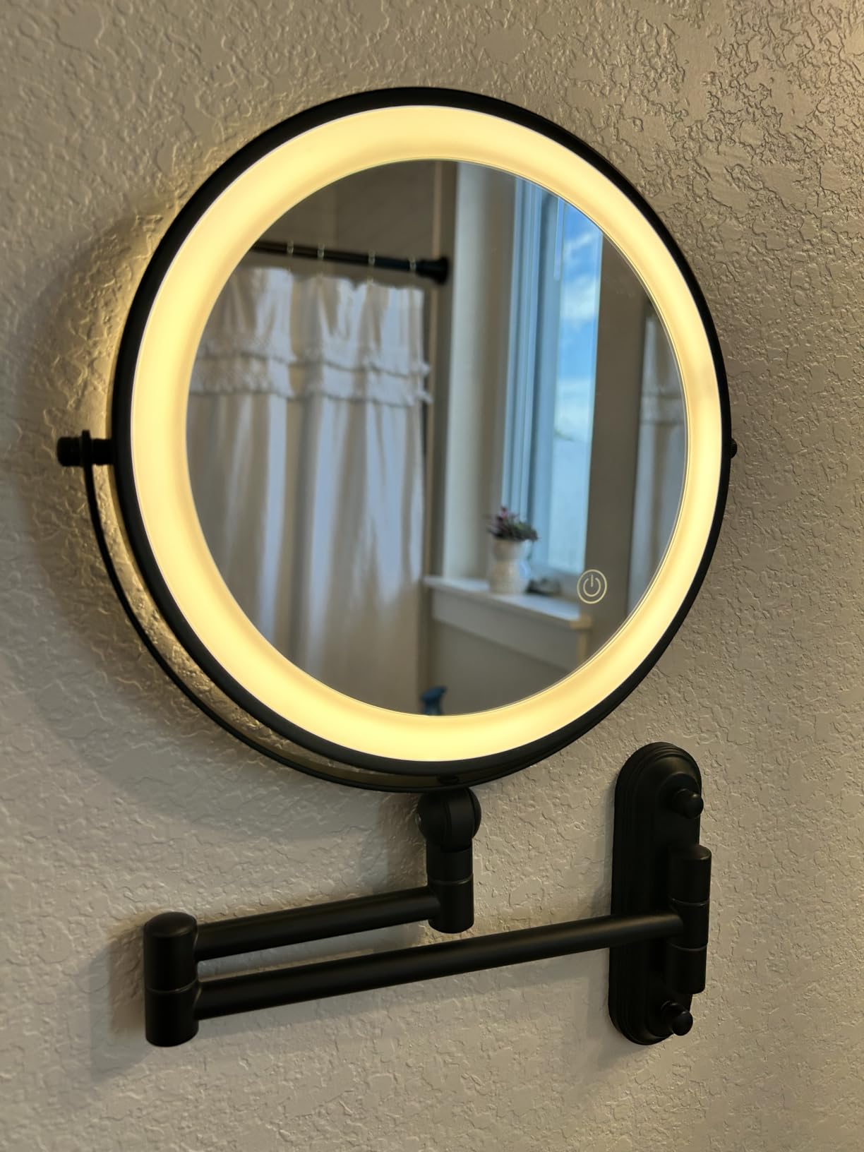 Rocollos Rechargeable Wall Mounted Lighted Makeup Mirror Chrome, 8 Inch Double-Sided LED Vanity Mirror 1X/10X Magnification,3 Color Lights Touch Screen Dimmable 360°Swivel 13 Inch Extendable customer photo 2