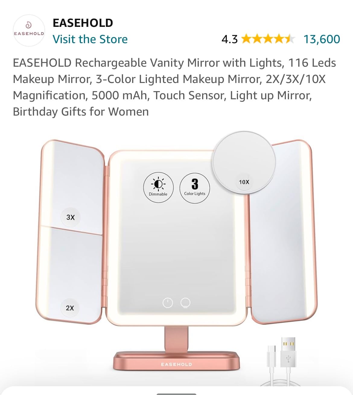 EASEHOLD Rechargeable Lighted Makeup Mirror, 3-Sided LED Vanity Mirror, 116 LEDs, 5000mAh, No Shadow Lighting, 2X/3X/Magnification, 3 Color Modes, Large Trifold Mirror for Makeup Desk, Gifts for Women customer photo 1