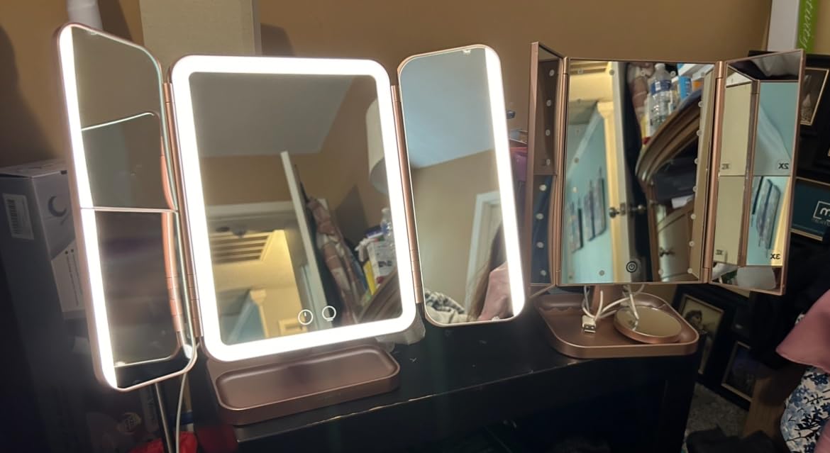 EASEHOLD Rechargeable Lighted Makeup Mirror, 3-Sided LED Vanity Mirror, 116 LEDs, 5000mAh, No Shadow Lighting, 2X/3X/Magnification, 3 Color Modes, Large Trifold Mirror for Makeup Desk, Gifts for Women customer photo 2