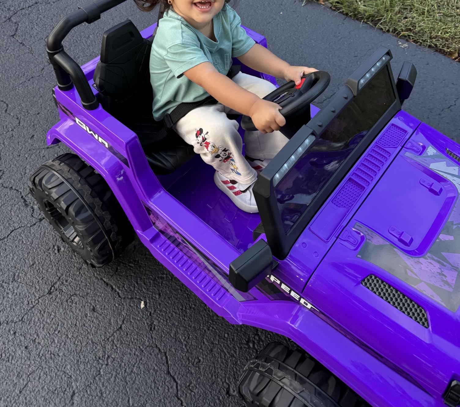 INFANS Kids Ride on Car Truck with 2.4G Remote Control, 12V Battery Powered Electric Cars for Kids w/3 Speeds, Battery Display, LED Lights, Safety Belt, Music & Horn, Bluetooth/FM/USB (Purple) customer photo 1