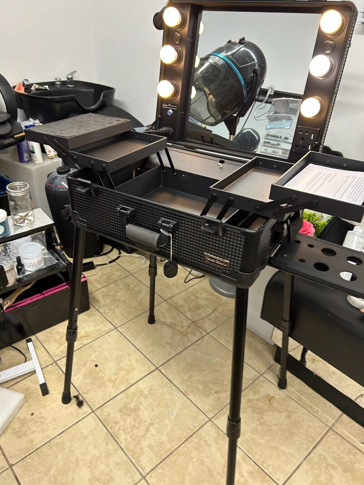 Aluminum Trolley Makeup Train Case with LED Lights Professional Cosmetic Organizer Studio with Speaker, Wheels and Stands Rolling Lighted Makeup Vanity Station for Travel (Black) customer photo 2