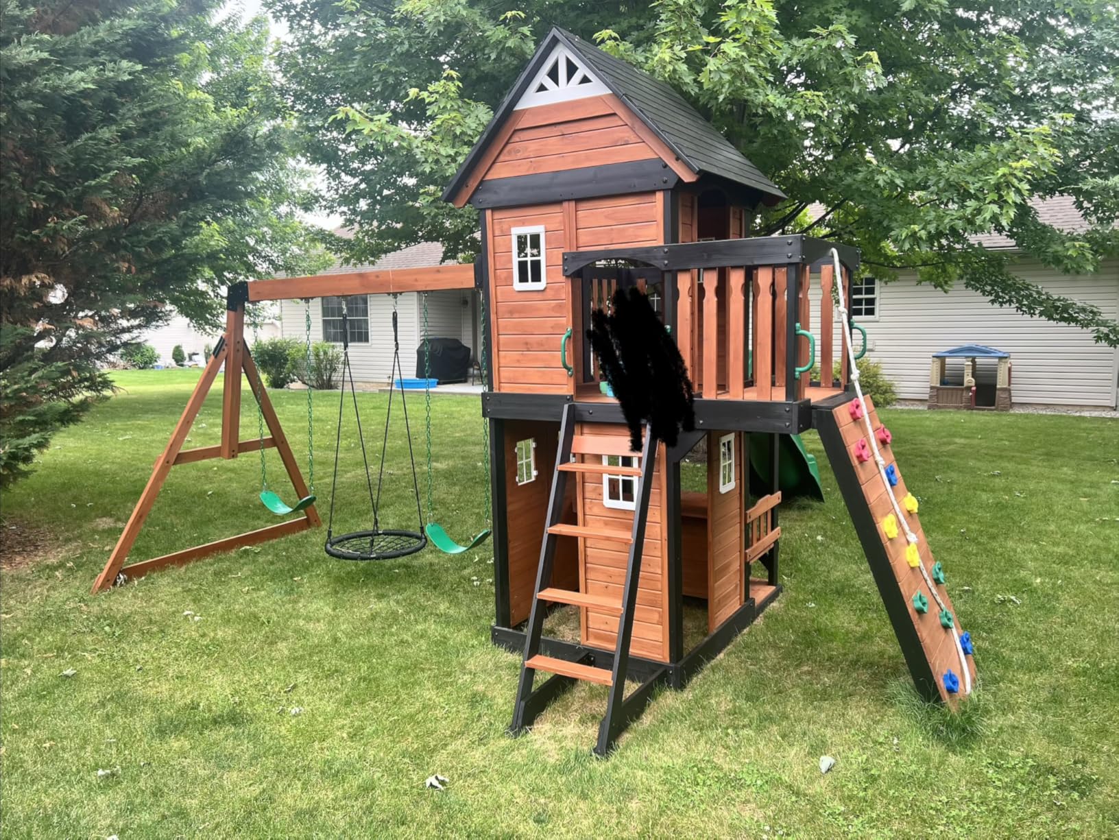 Backyard Discovery Canyon Creek Cedar Wood Swing Set with Wave Slide, Clubhouse, Play Kitchen, Picnic Area, Belt Swings, Web Swing, Rock Wall, Balconies, Playhouse, Step Ladder, Outdoor Playset customer photo 2